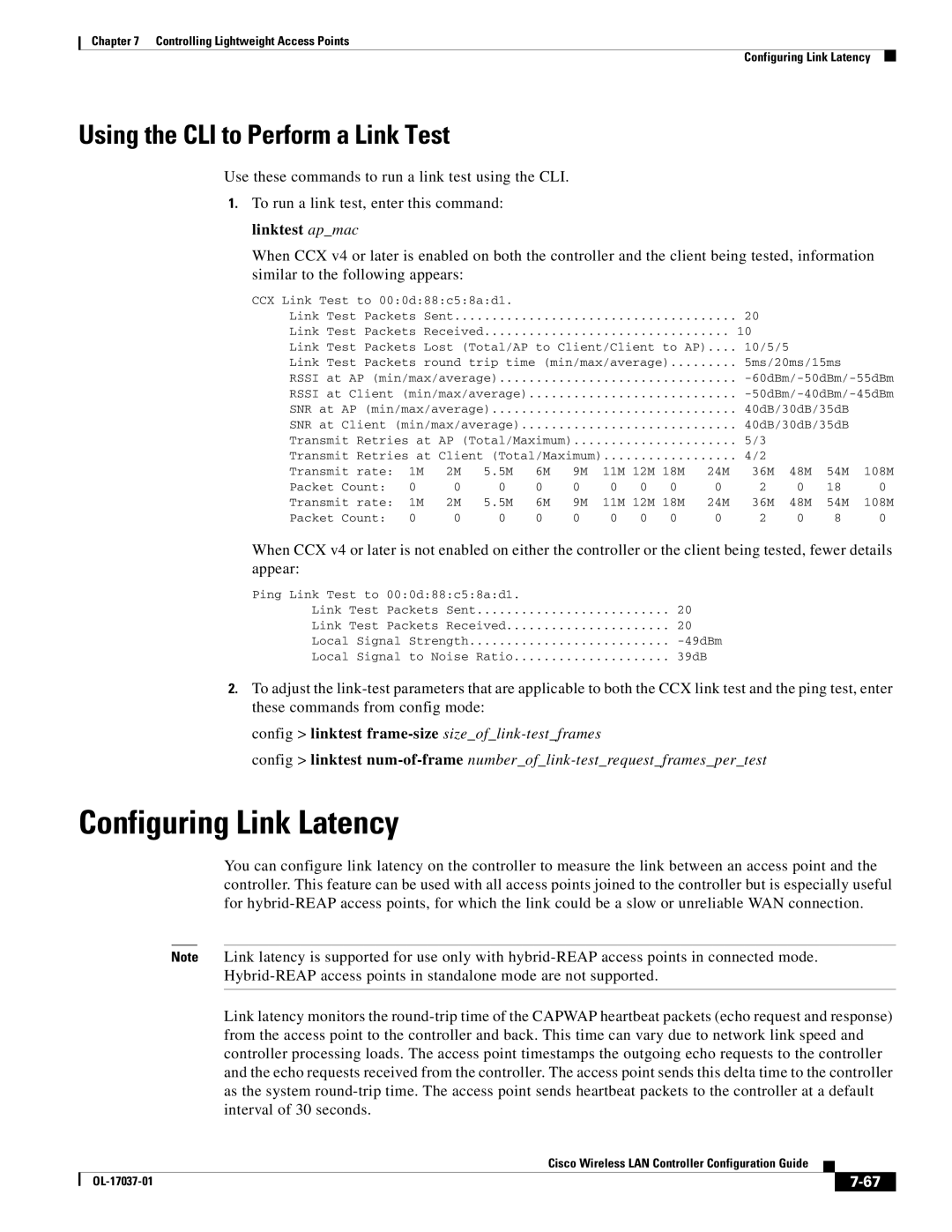 Cisco Systems OL-17037-01 manual Configuring Link Latency, Using the CLI to Perform a Link Test 