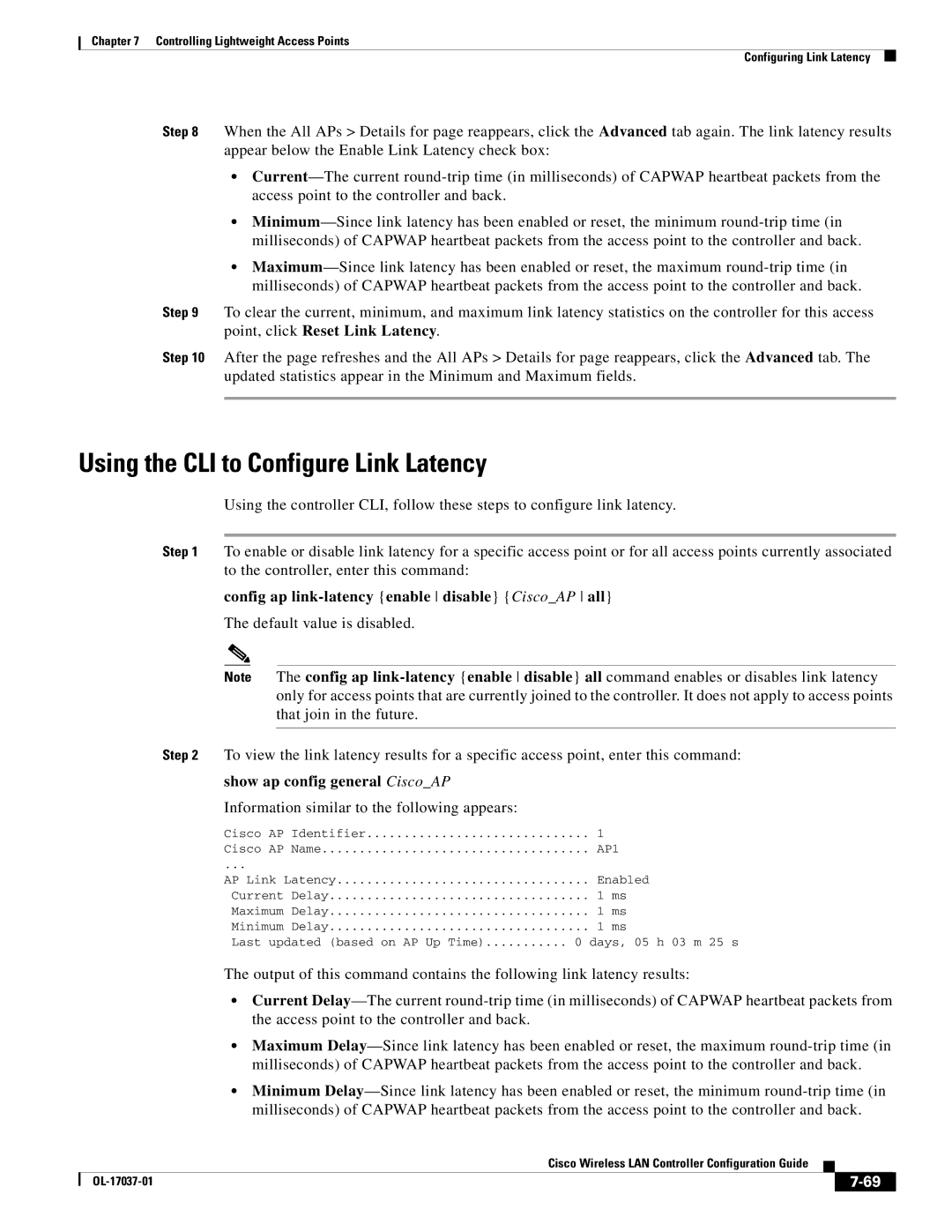 Cisco Systems OL-17037-01 manual Using the CLI to Configure Link Latency, Config ap link-latency enable disable CiscoAP all 