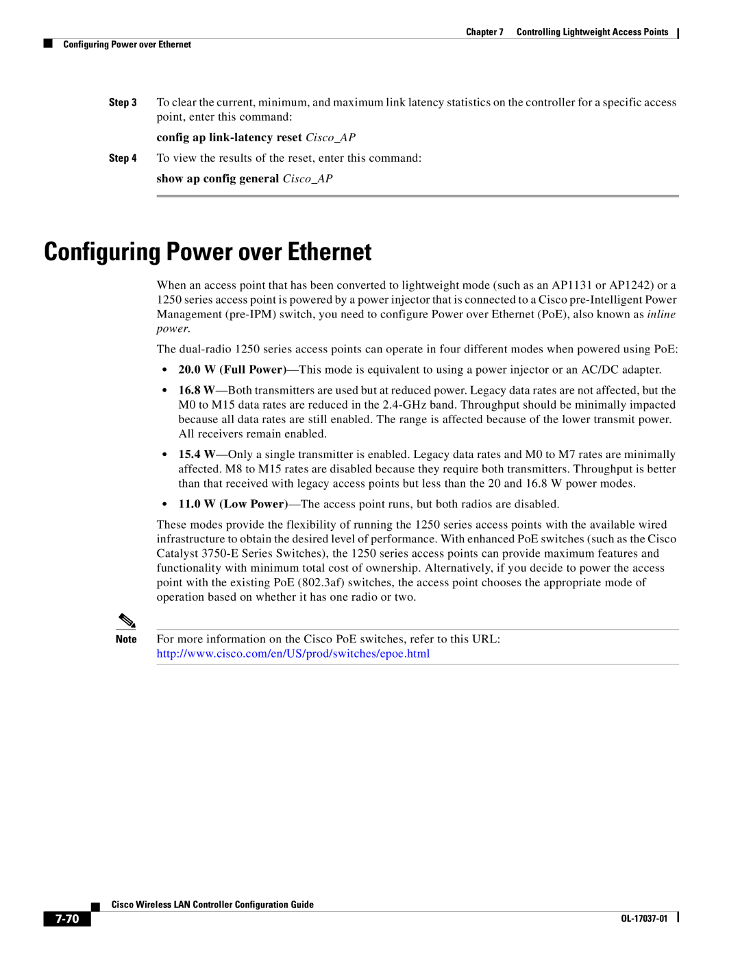 Cisco Systems OL-17037-01 manual Configuring Power over Ethernet, Config ap link-latency reset CiscoAP 