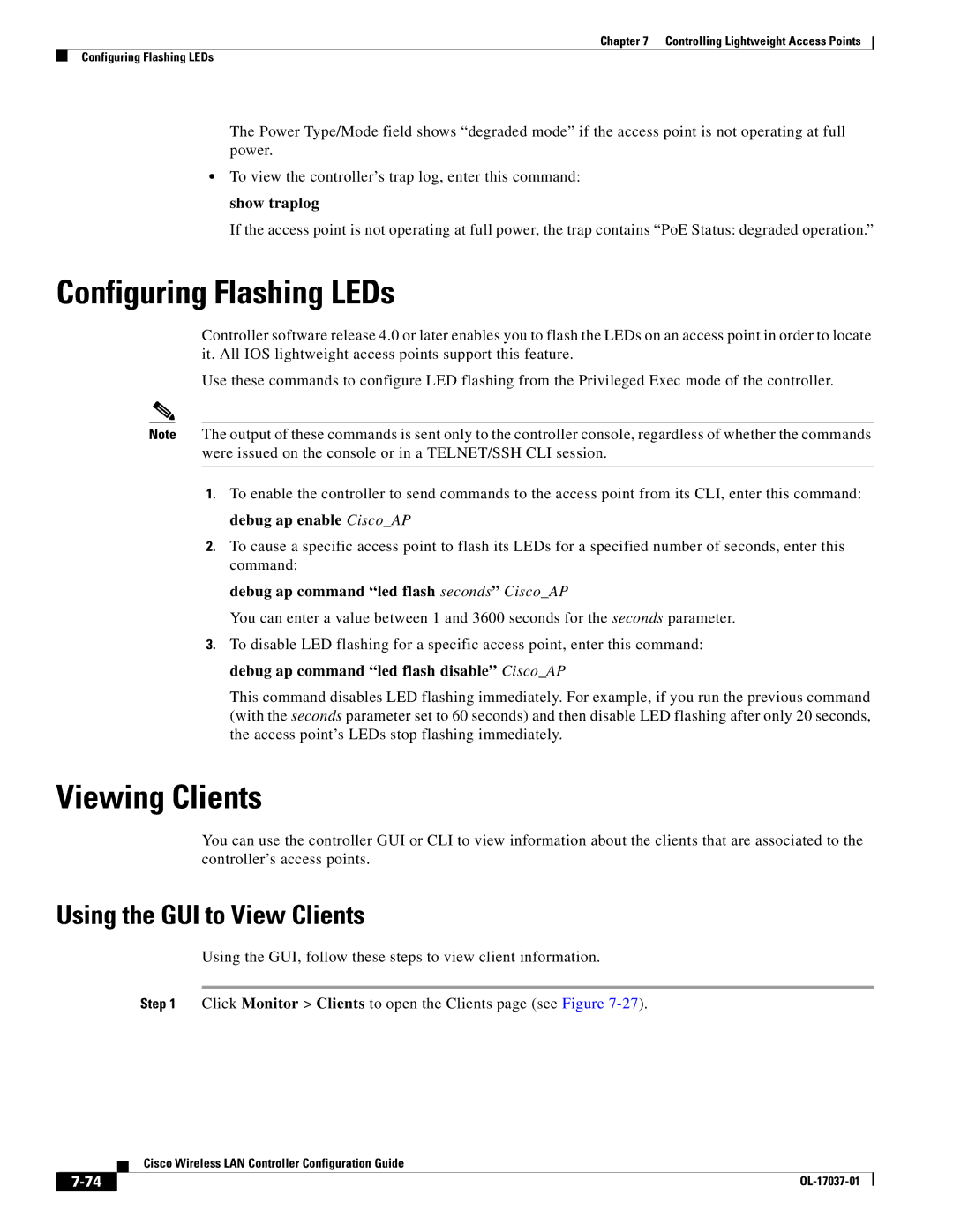 Cisco Systems OL-17037-01 manual Configuring Flashing LEDs, Viewing Clients, Using the GUI to View Clients 