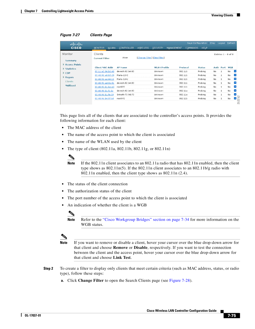 Cisco Systems OL-17037-01 manual Controlling Lightweight Access Points Viewing Clients 