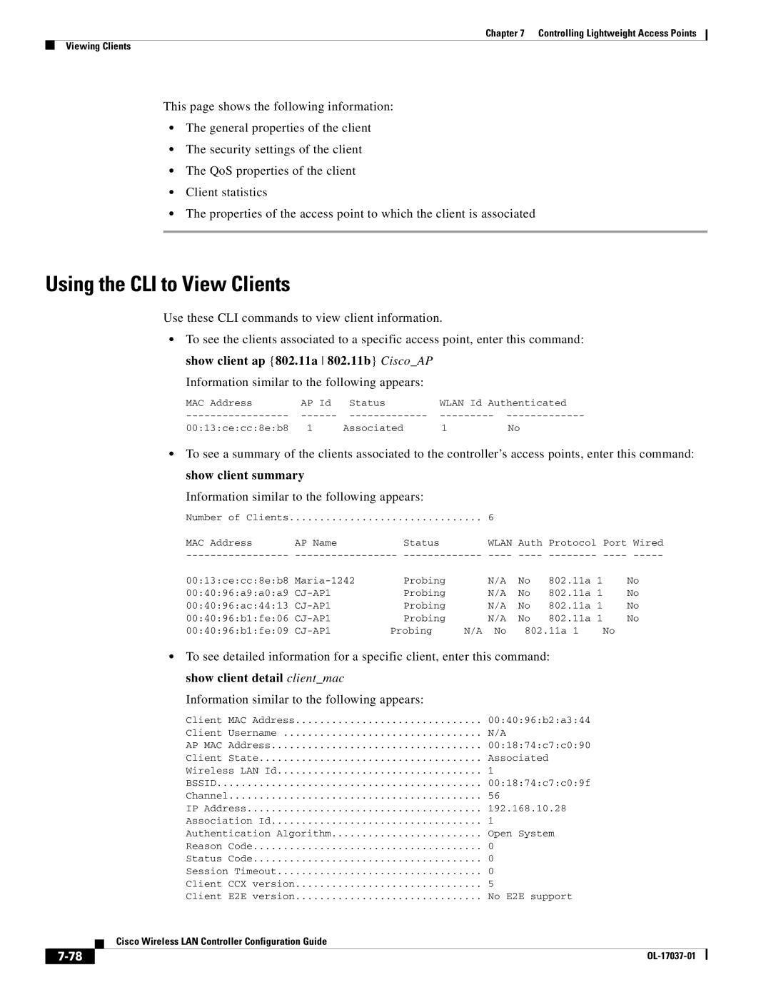 Cisco Systems OL-17037-01 manual Using the CLI to View Clients, Ap Mac 