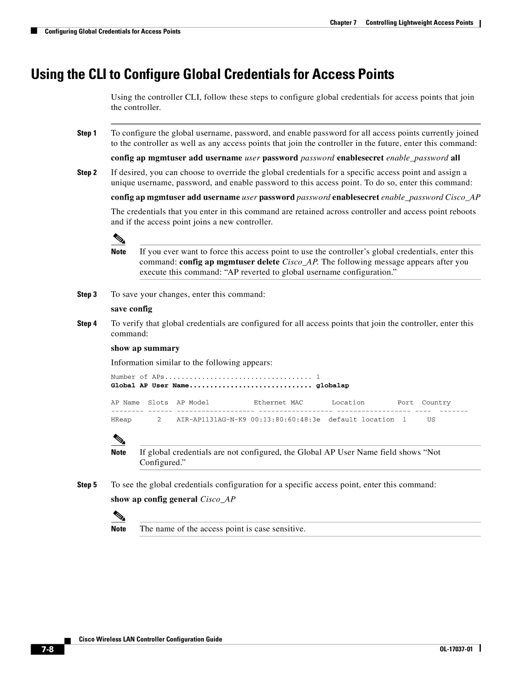 Cisco Systems OL-17037-01 manual Save config, Show ap summary, Show ap config general CiscoAP 