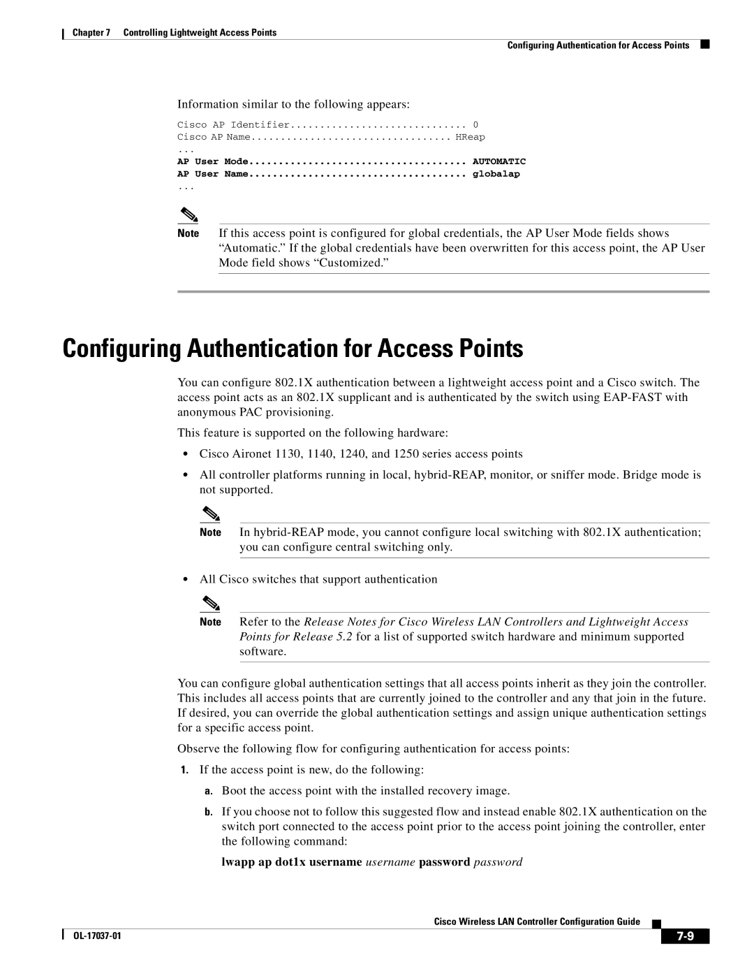 Cisco Systems OL-17037-01 Configuring Authentication for Access Points, Lwapp ap dot1x username username password password 