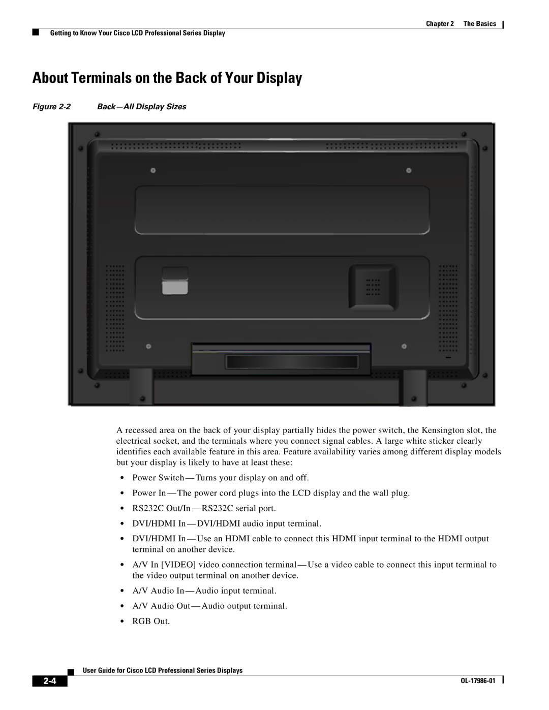 Cisco Systems OL-17986-01 manual About Terminals on the Back of Your Display, Back-All Display Sizes 