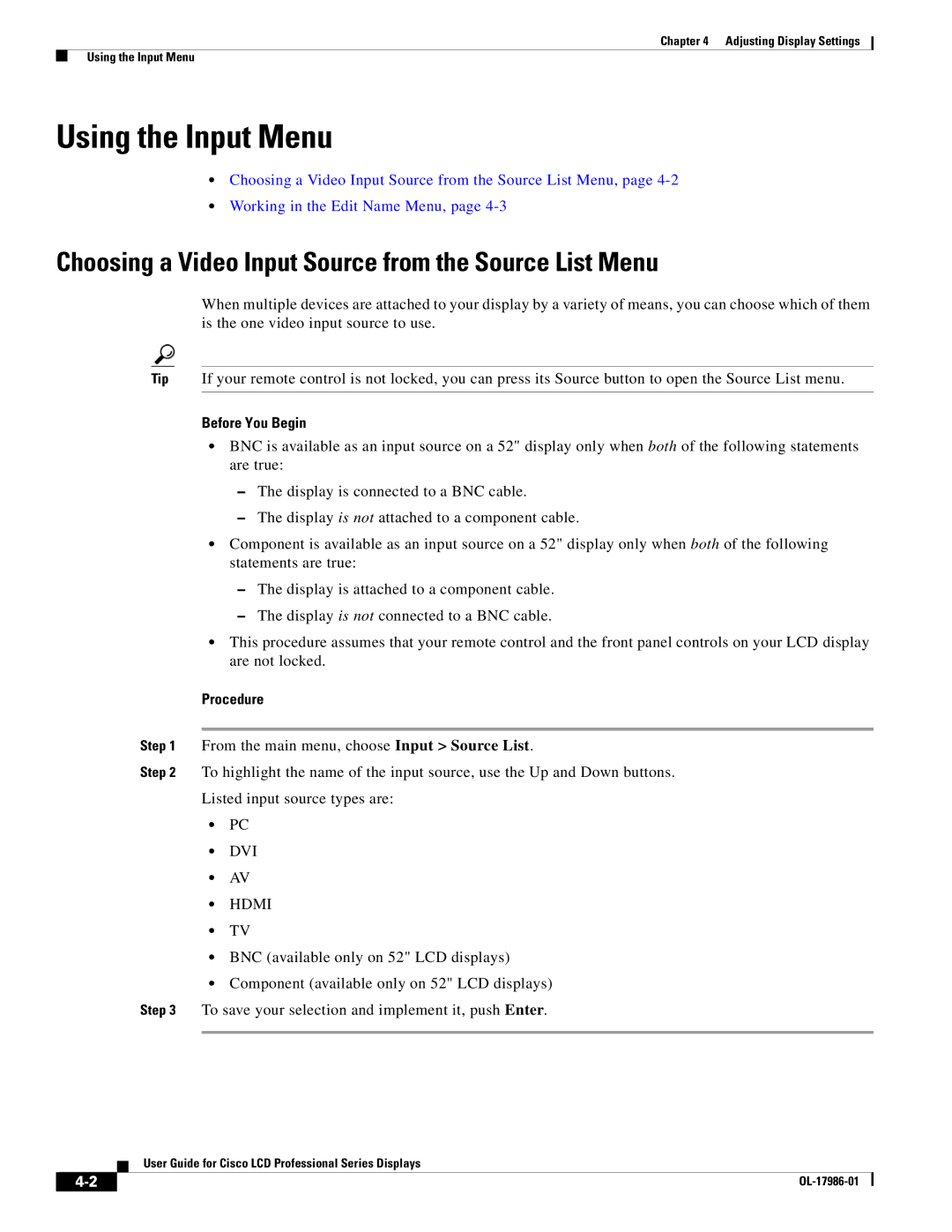 Cisco Systems OL-17986-01 manual Using the Input Menu, Choosing a Video Input Source from the Source List Menu 