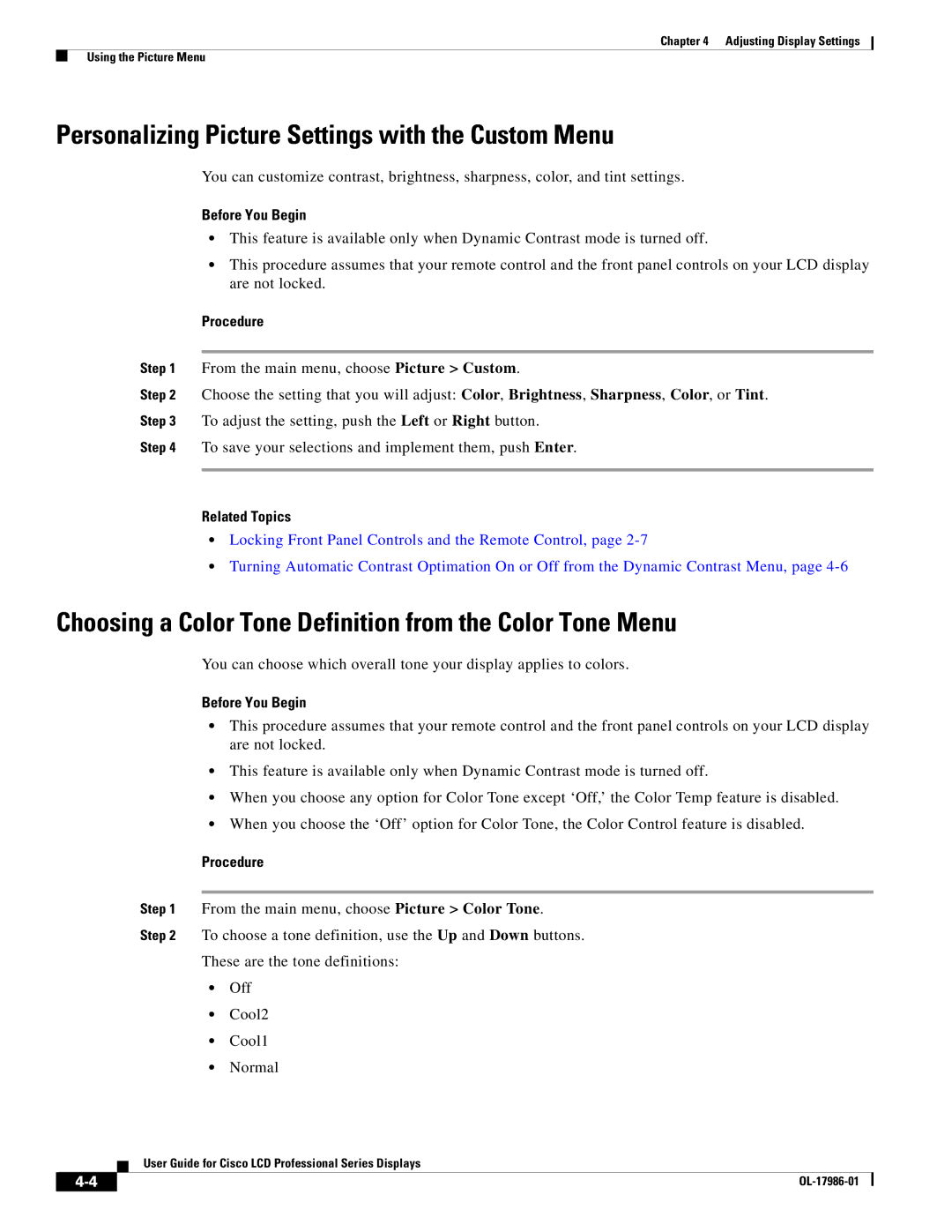 Cisco Systems OL-17986-01 manual Personalizing Picture Settings with the Custom Menu 