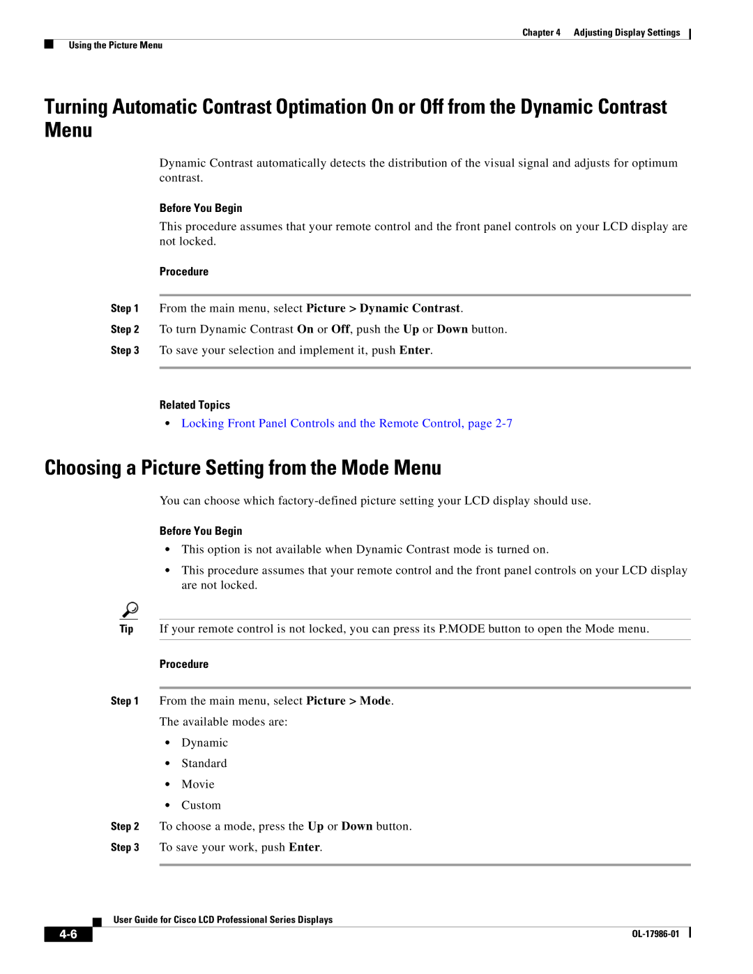 Cisco Systems OL-17986-01 manual Choosing a Picture Setting from the Mode Menu 