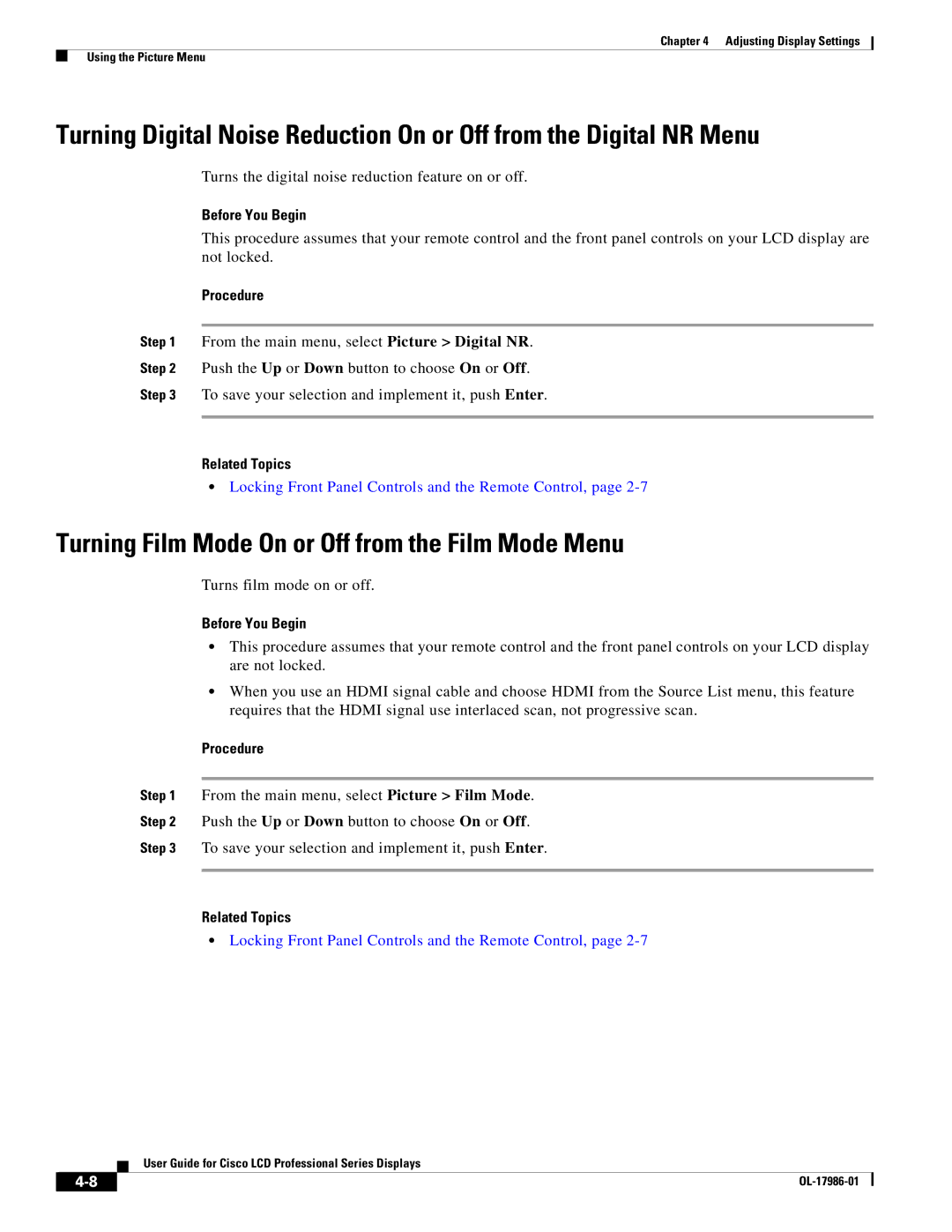 Cisco Systems OL-17986-01 manual Turning Film Mode On or Off from the Film Mode Menu 