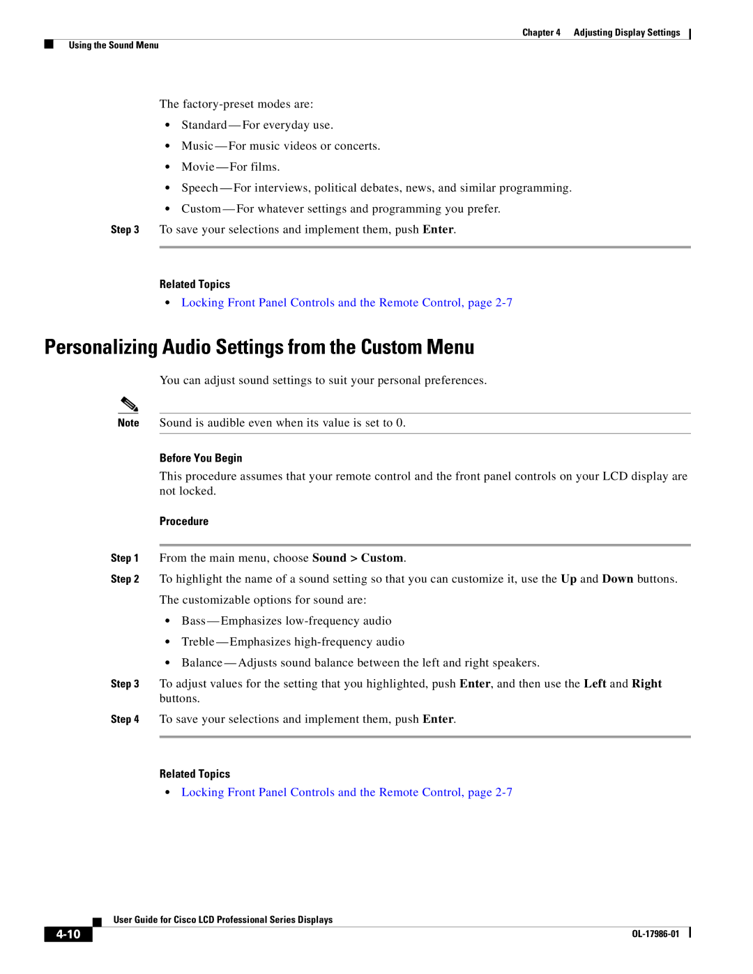 Cisco Systems OL-17986-01 manual Personalizing Audio Settings from the Custom Menu 