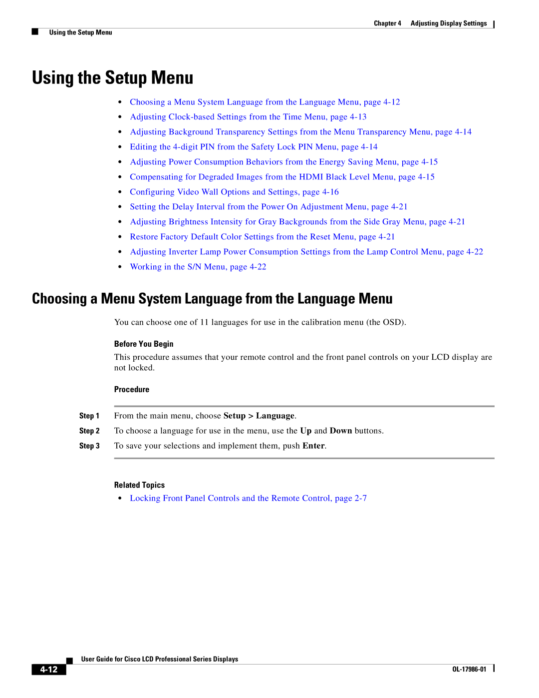 Cisco Systems OL-17986-01 manual Using the Setup Menu, Choosing a Menu System Language from the Language Menu 