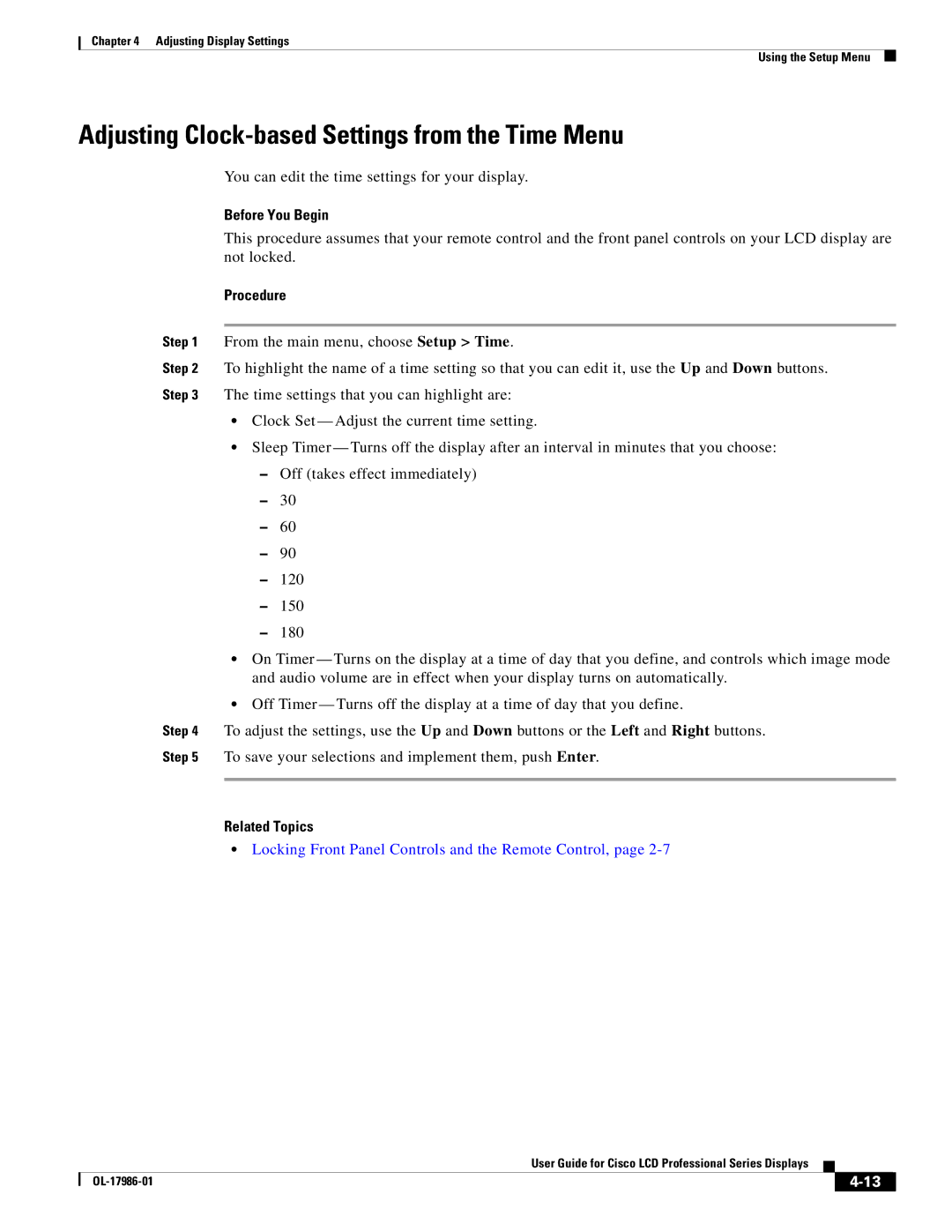 Cisco Systems OL-17986-01 manual Adjusting Clock-based Settings from the Time Menu 