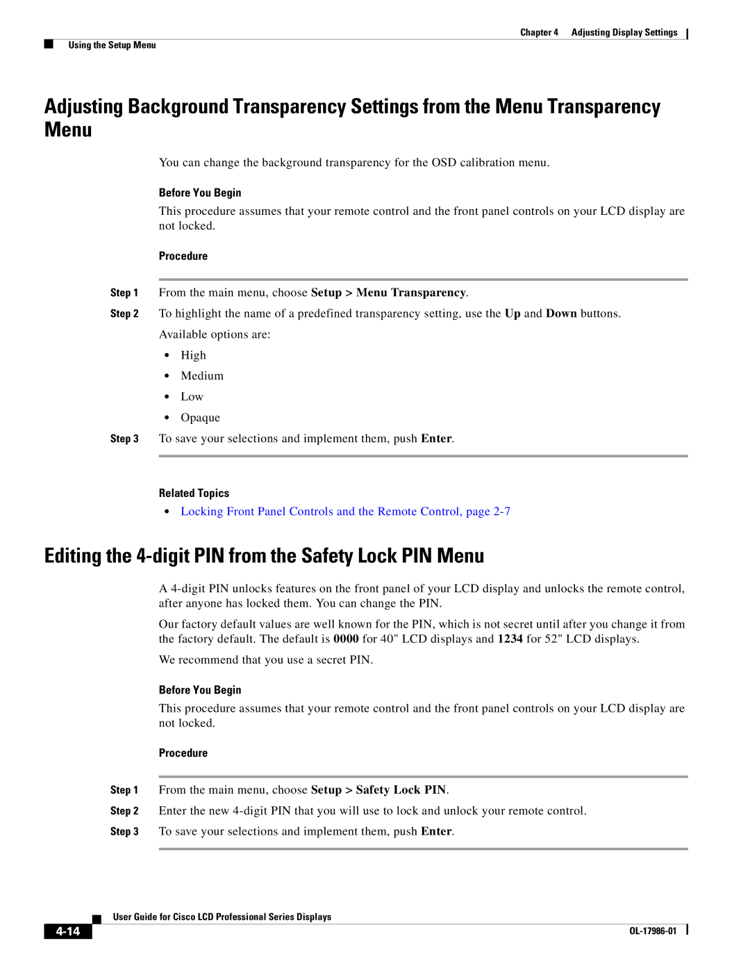 Cisco Systems OL-17986-01 manual Editing the 4-digit PIN from the Safety Lock PIN Menu 