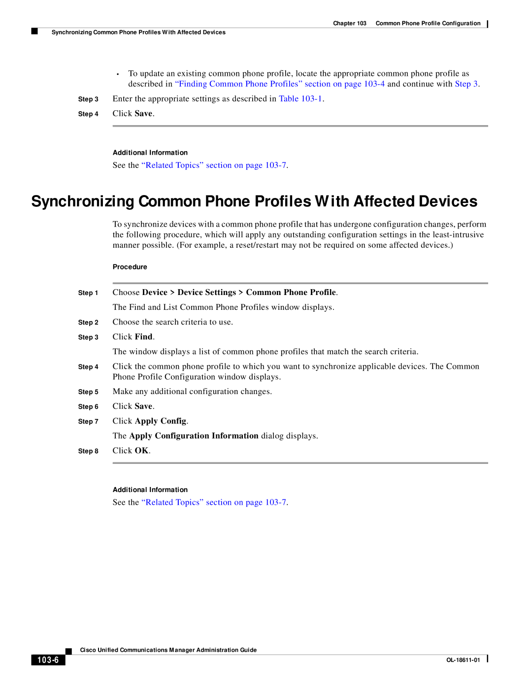 Cisco Systems OL-18611-01 manual Synchronizing Common Phone Profiles With Affected Devices, 103-6 