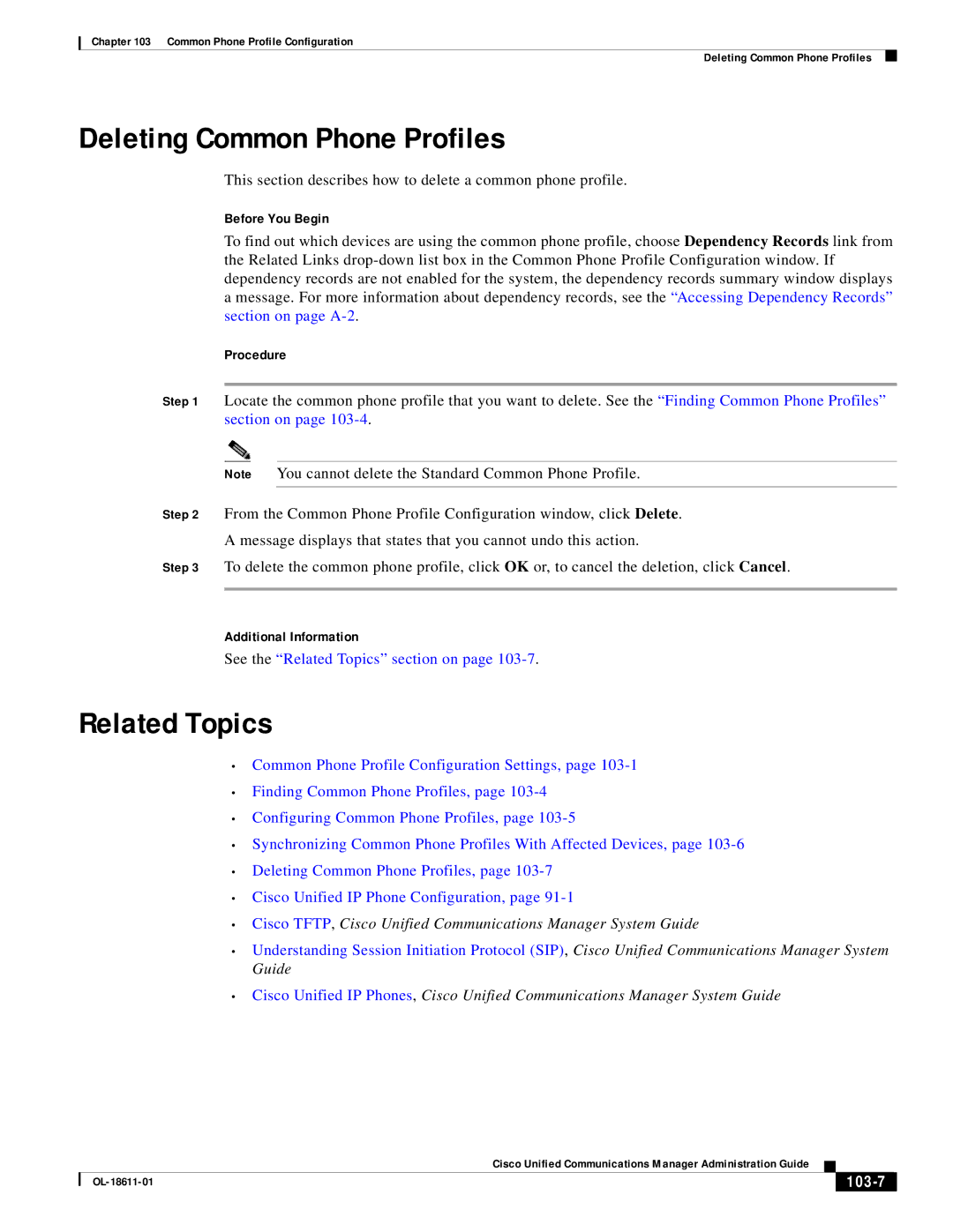 Cisco Systems OL-18611-01 manual Deleting Common Phone Profiles, Related Topics, Before You Begin, 103-7 