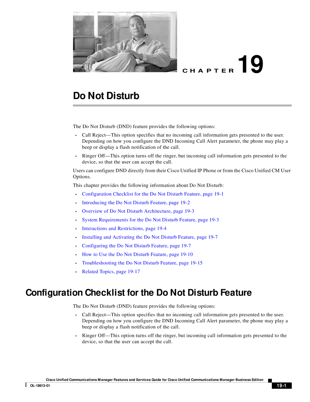 Cisco Systems OL-18613-01 manual Configuration Checklist for the Do Not Disturb Feature, 19-1 