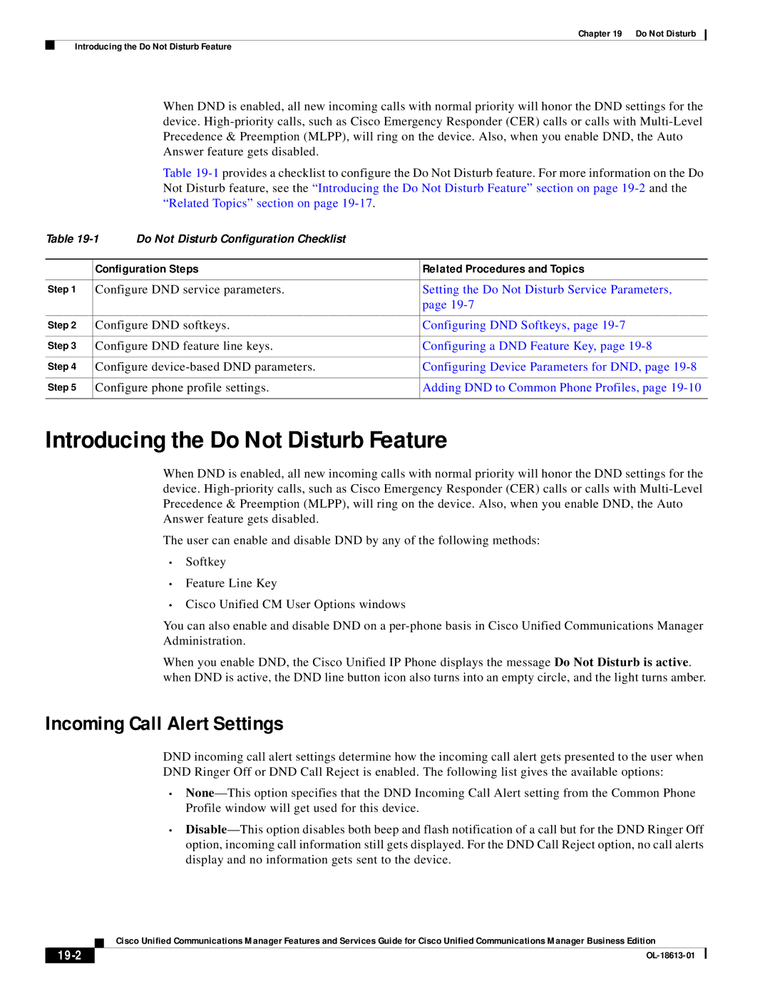 Cisco Systems OL-18613-01 manual Introducing the Do Not Disturb Feature, Incoming Call Alert Settings, 19-2 