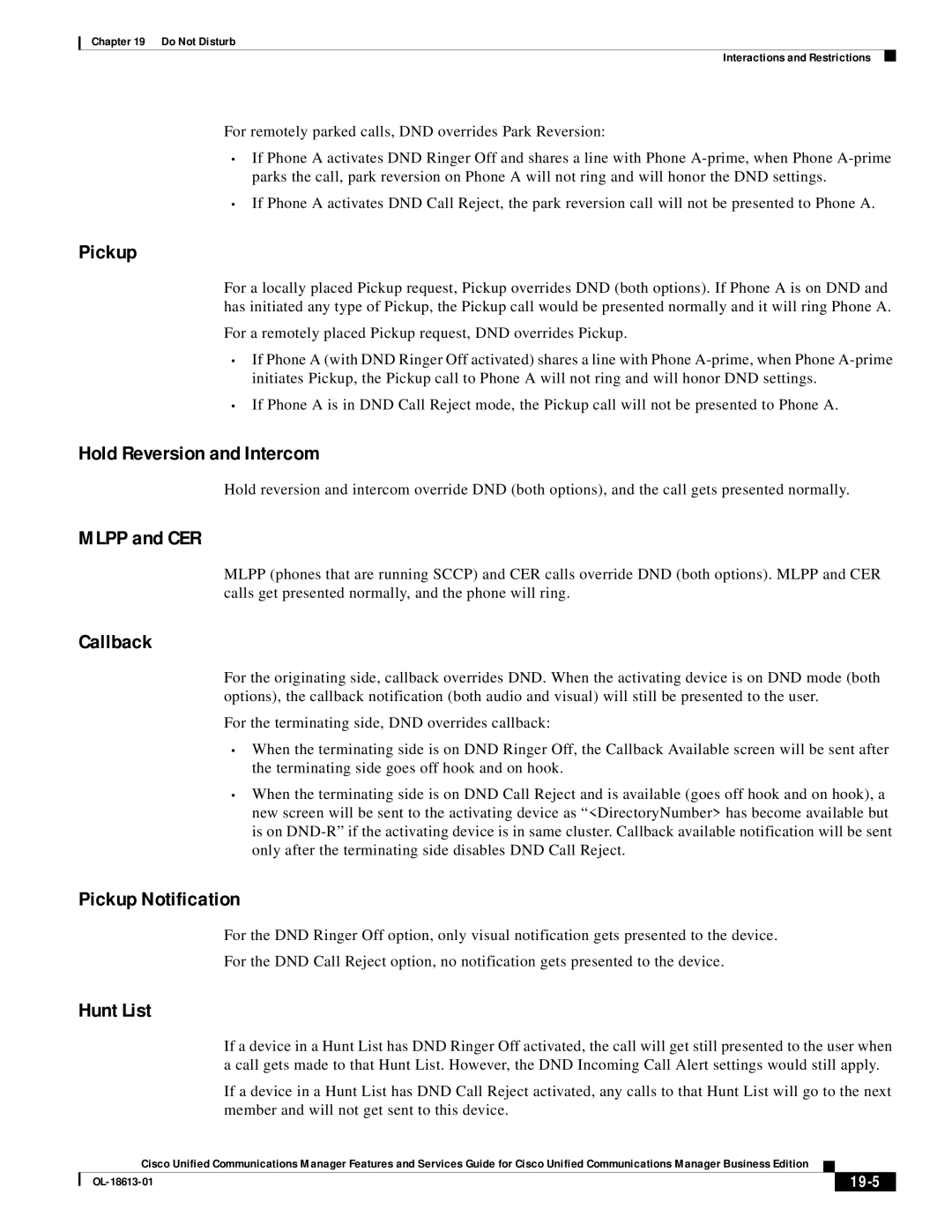 Cisco Systems OL-18613-01 manual Hold Reversion and Intercom, Mlpp and CER, Callback, Pickup Notification, Hunt List 