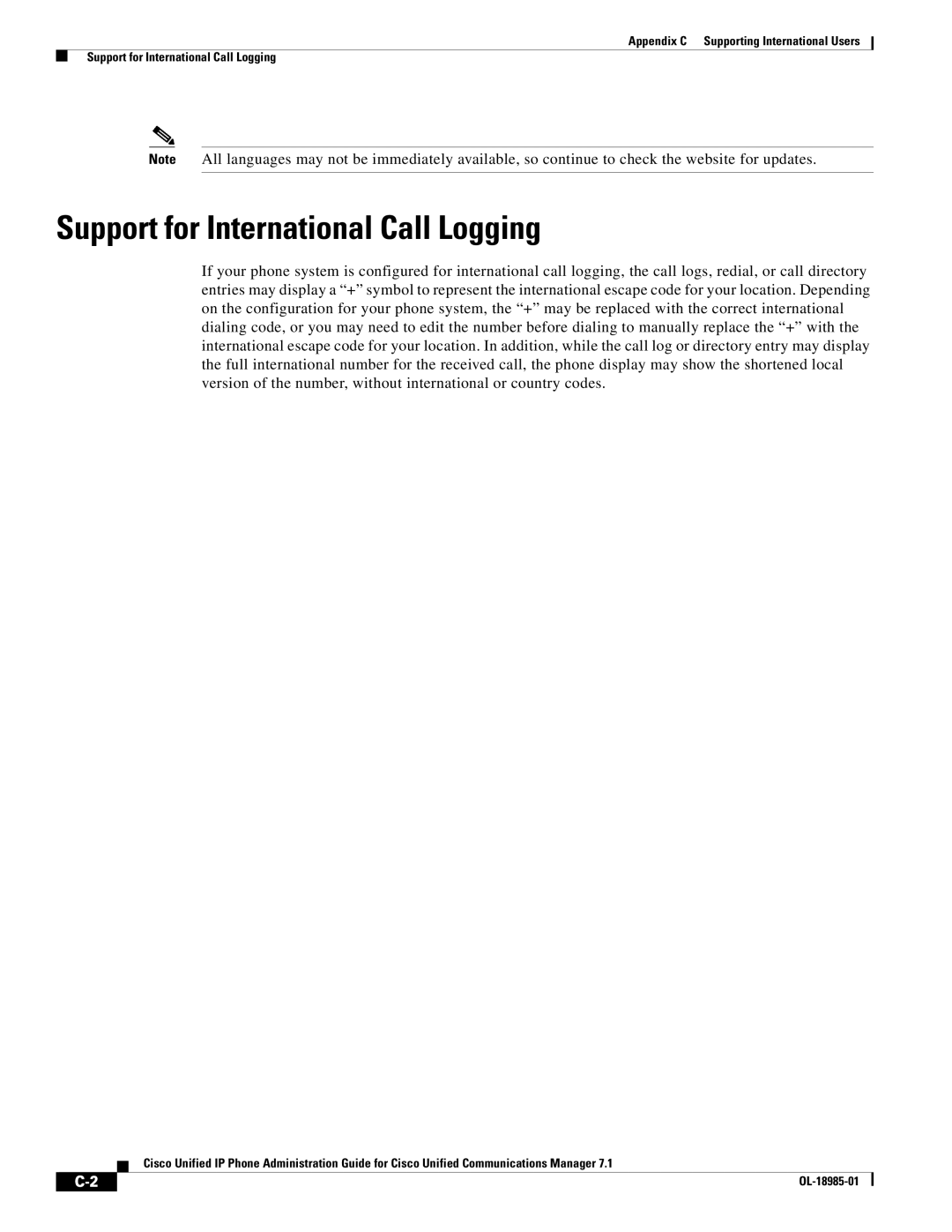 Cisco Systems OL-18985-01 appendix Support for International Call Logging 