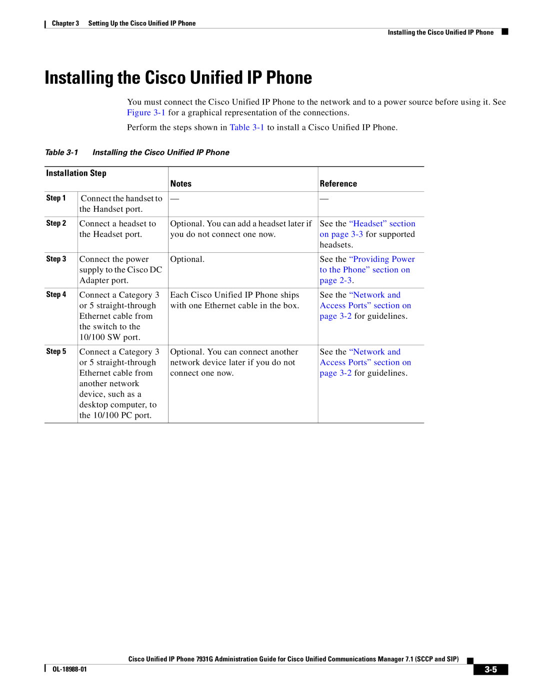 Cisco Systems OL-18988-01 manual Installing the Cisco Unified IP Phone, Installation Step Reference 