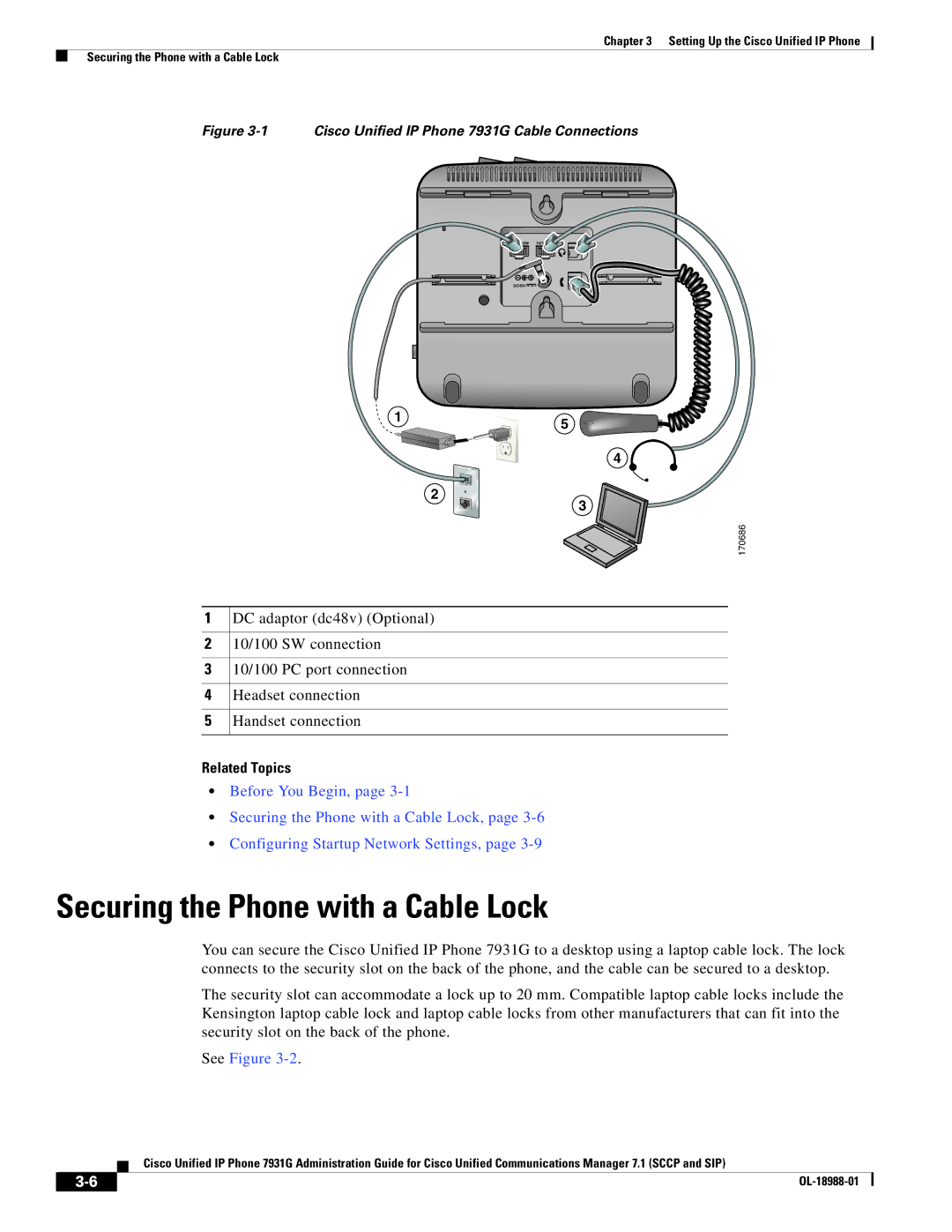 Cisco Systems OL-18988-01 manual Securing the Phone with a Cable Lock, Related Topics 