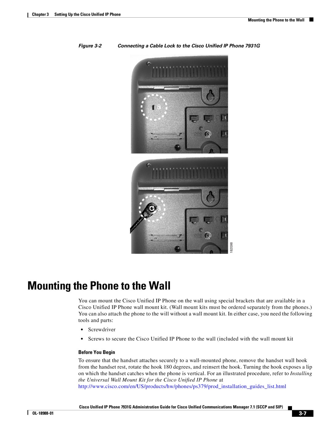 Cisco Systems OL-18988-01 manual Mounting the Phone to the Wall, Before You Begin 