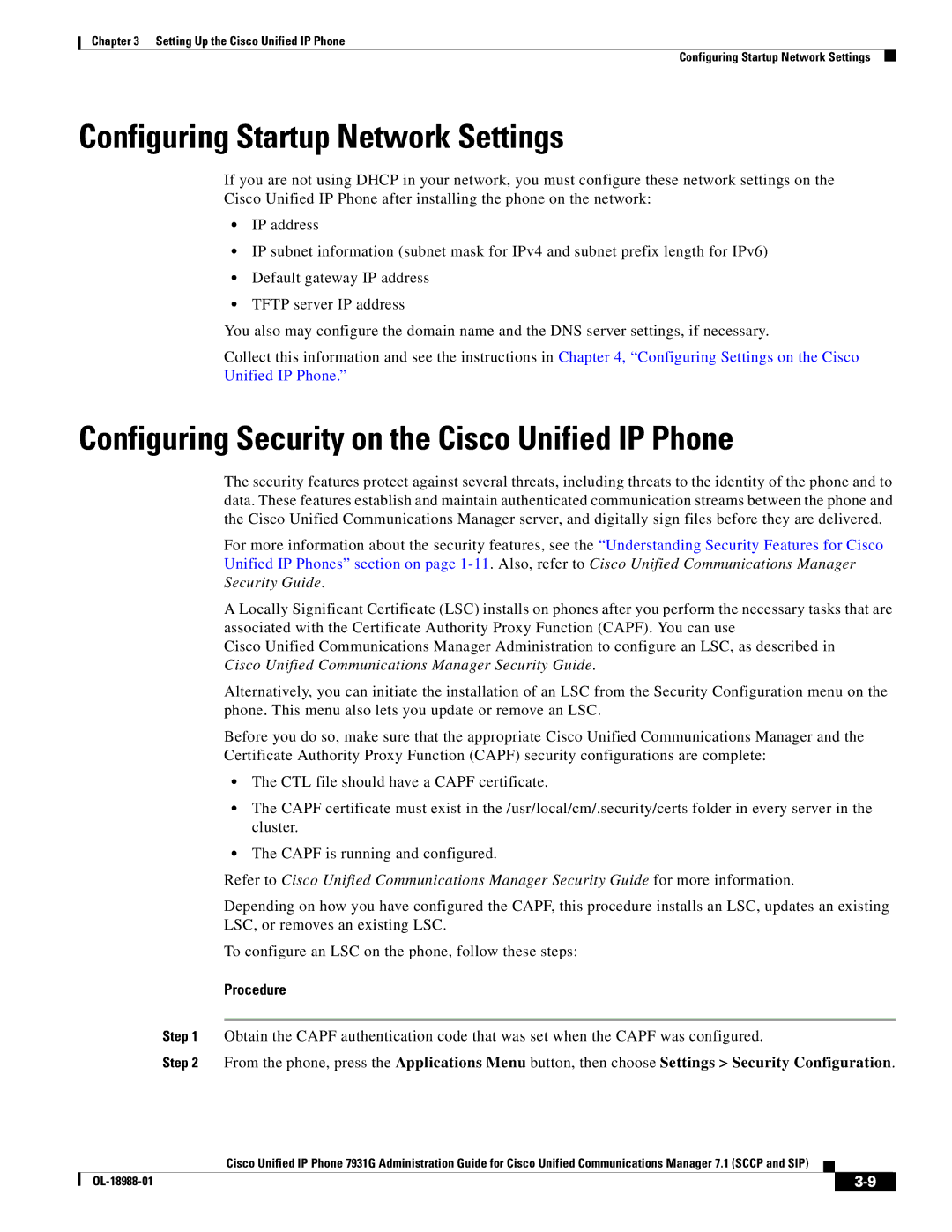 Cisco Systems OL-18988-01 manual Configuring Startup Network Settings, Configuring Security on the Cisco Unified IP Phone 