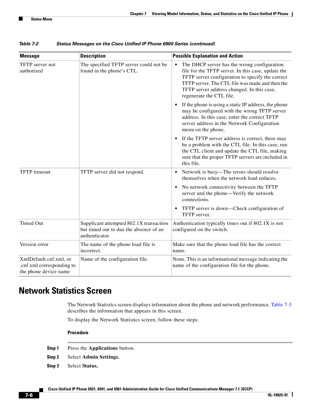 Cisco Systems OL-19025-01 manual Network Statistics Screen, Procedure 