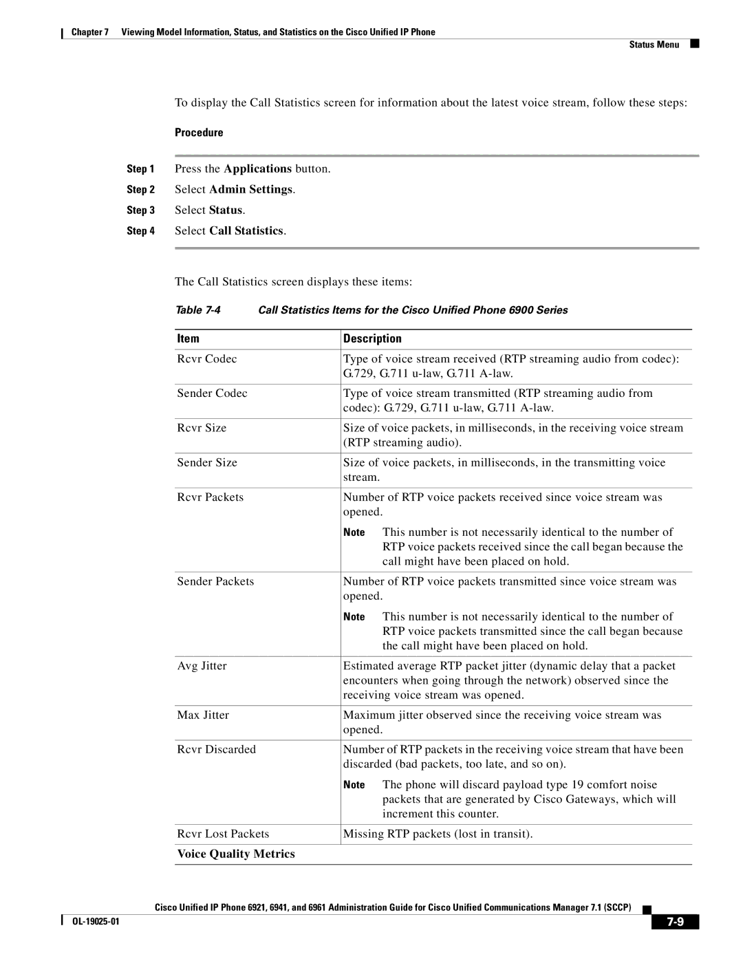 Cisco Systems OL-19025-01 manual Select Call Statistics, Voice Quality Metrics 