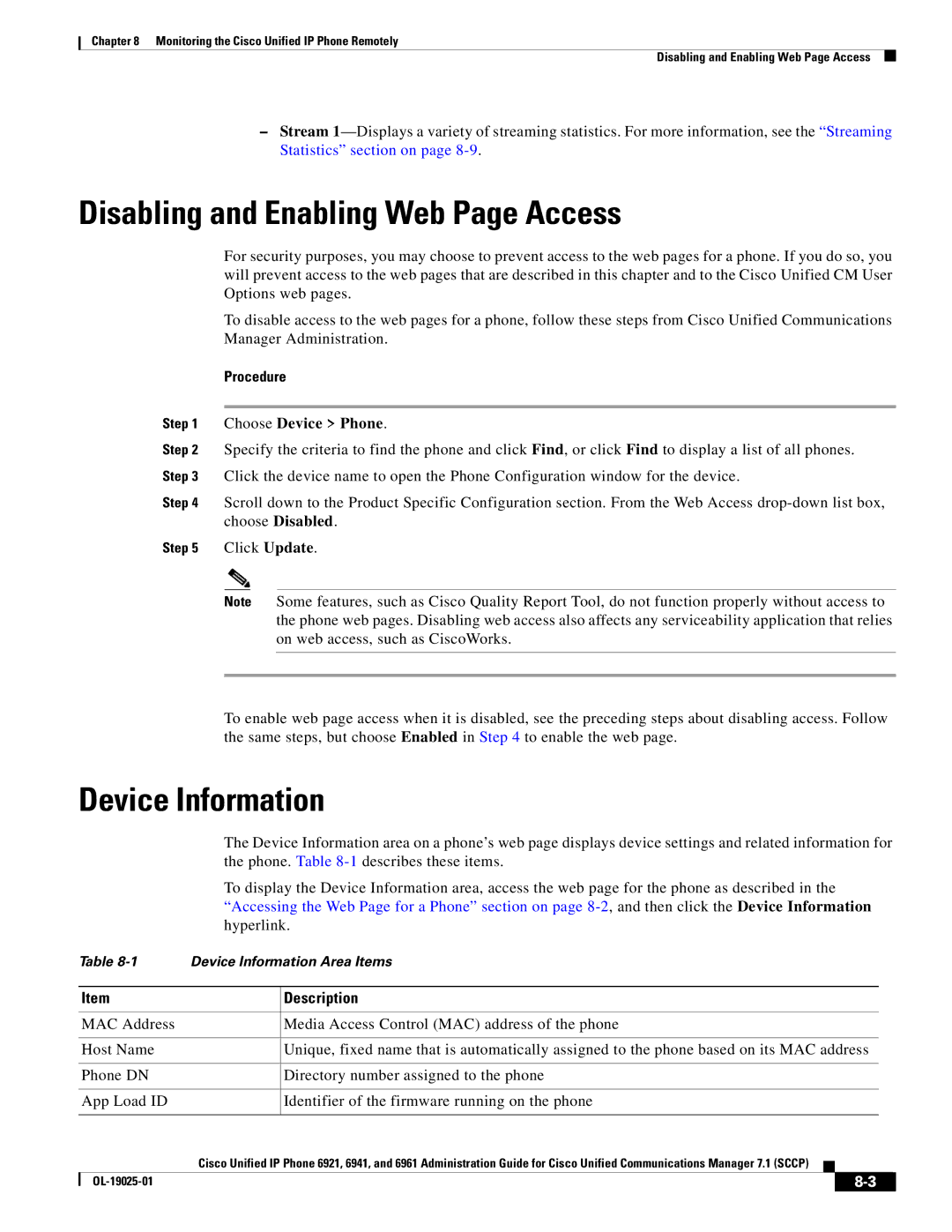 Cisco Systems OL-19025-01 manual Disabling and Enabling Web Page Access, Device Information, Choose Device Phone 