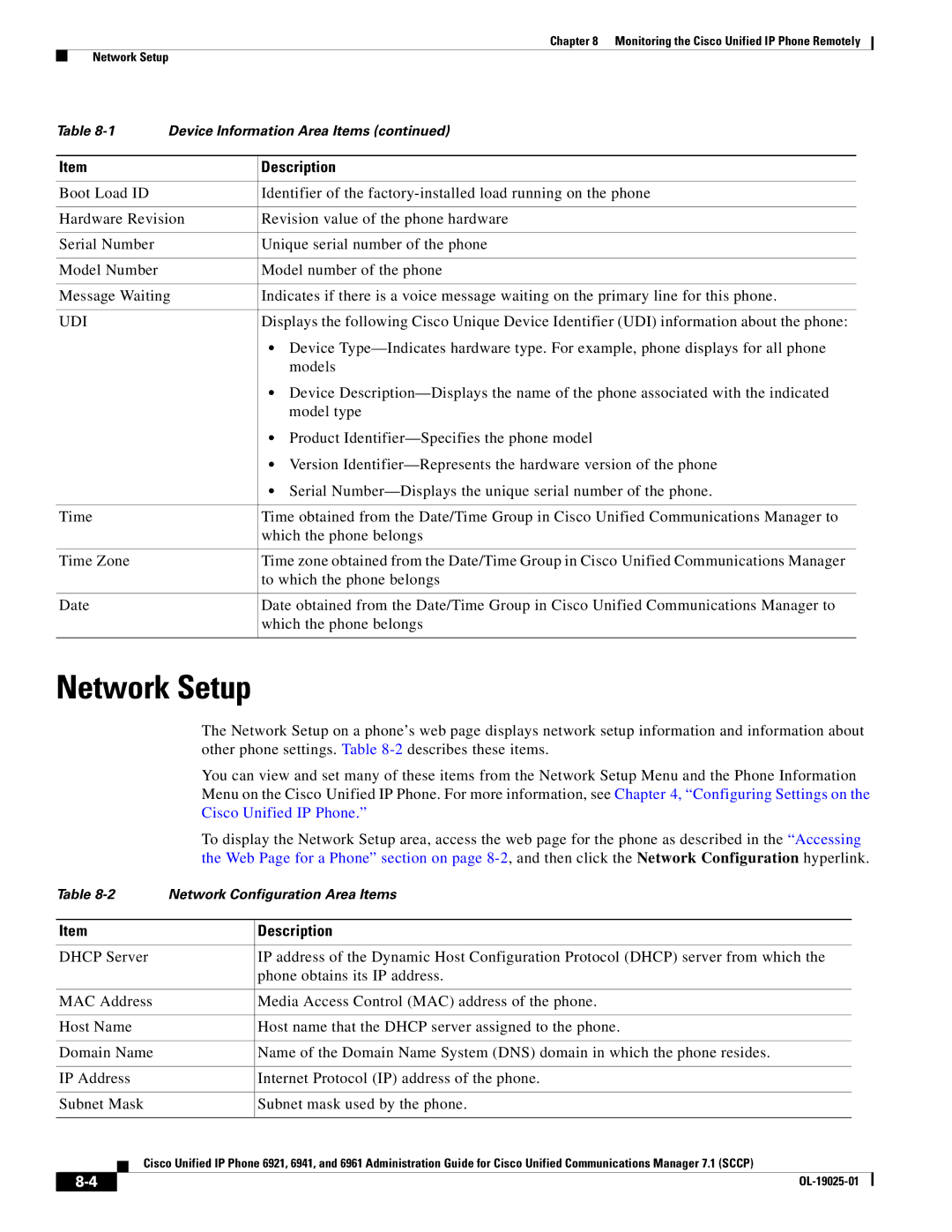 Cisco Systems OL-19025-01 manual Network Setup, Cisco Unified IP Phone 