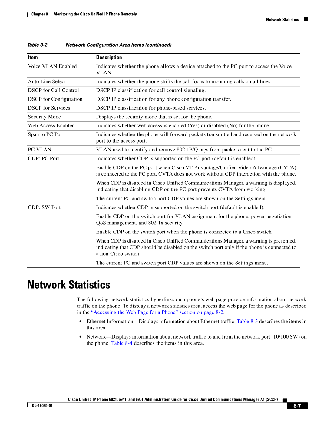 Cisco Systems OL-19025-01 manual Network Statistics, Vlan 