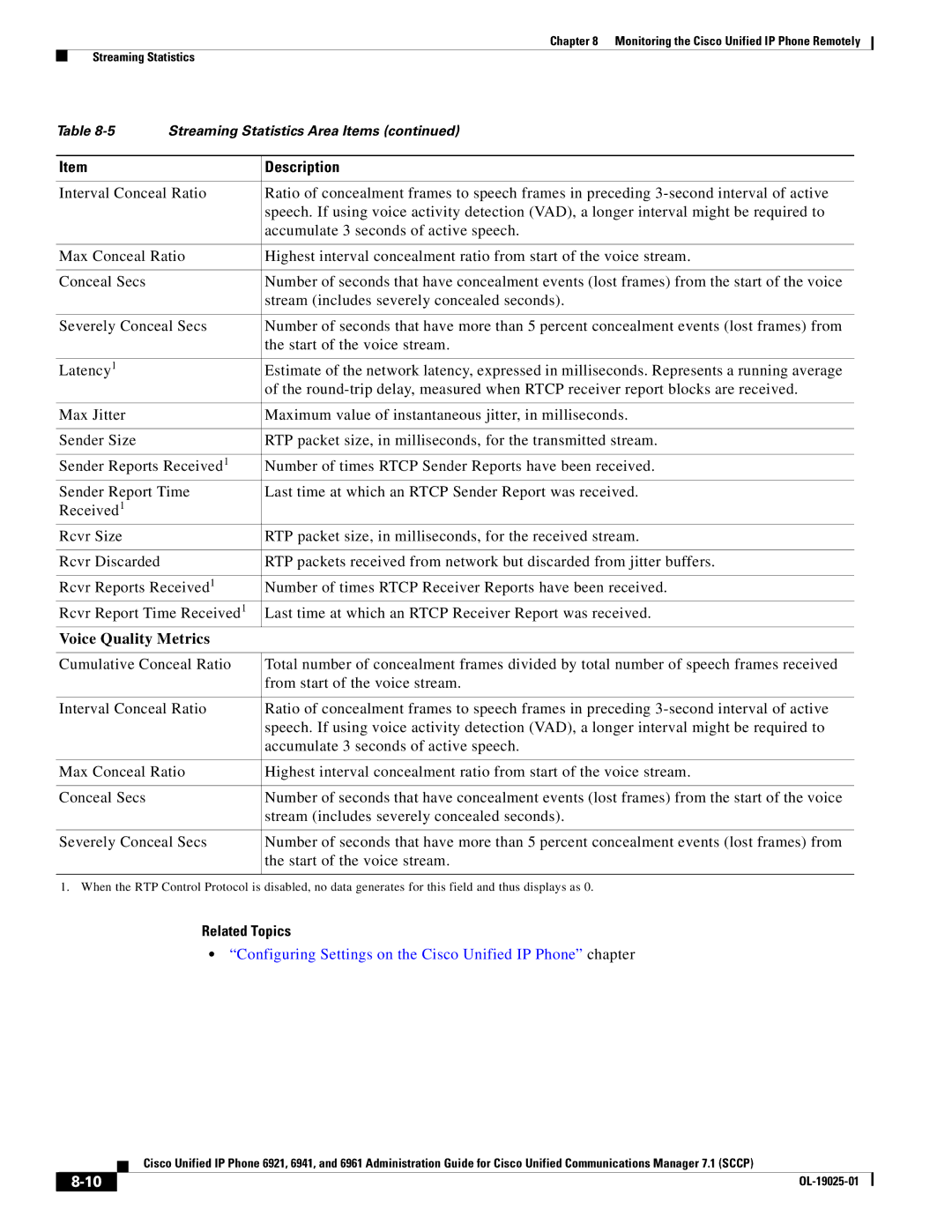 Cisco Systems OL-19025-01 manual Voice Quality Metrics, Configuring Settings on the Cisco Unified IP Phone chapter 