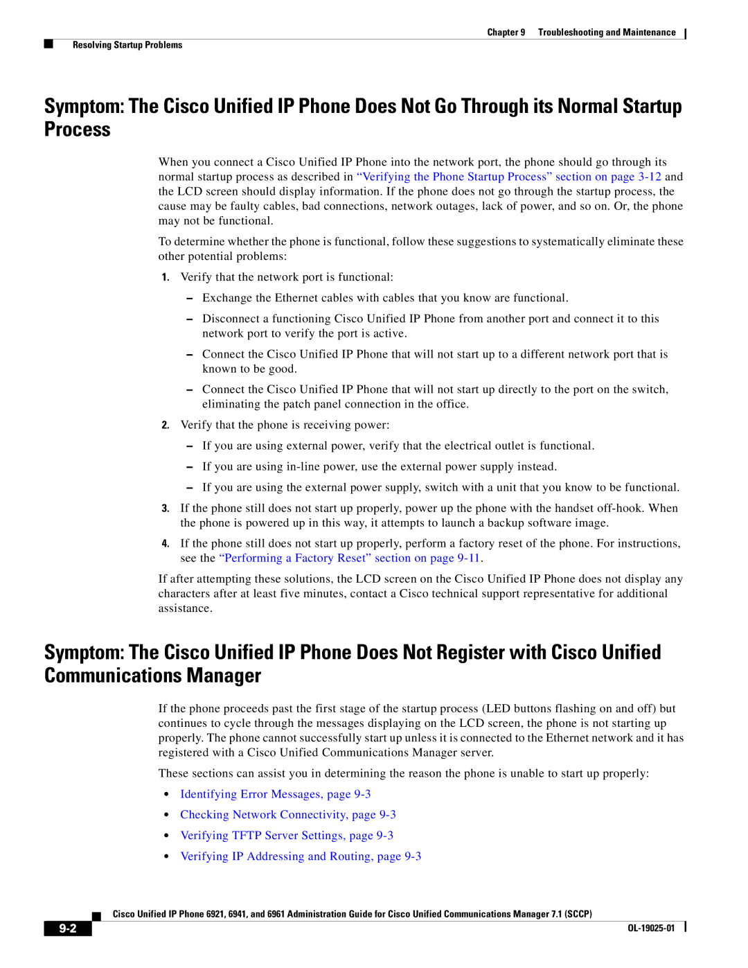 Cisco Systems OL-19025-01 manual Troubleshooting and Maintenance Resolving Startup Problems 