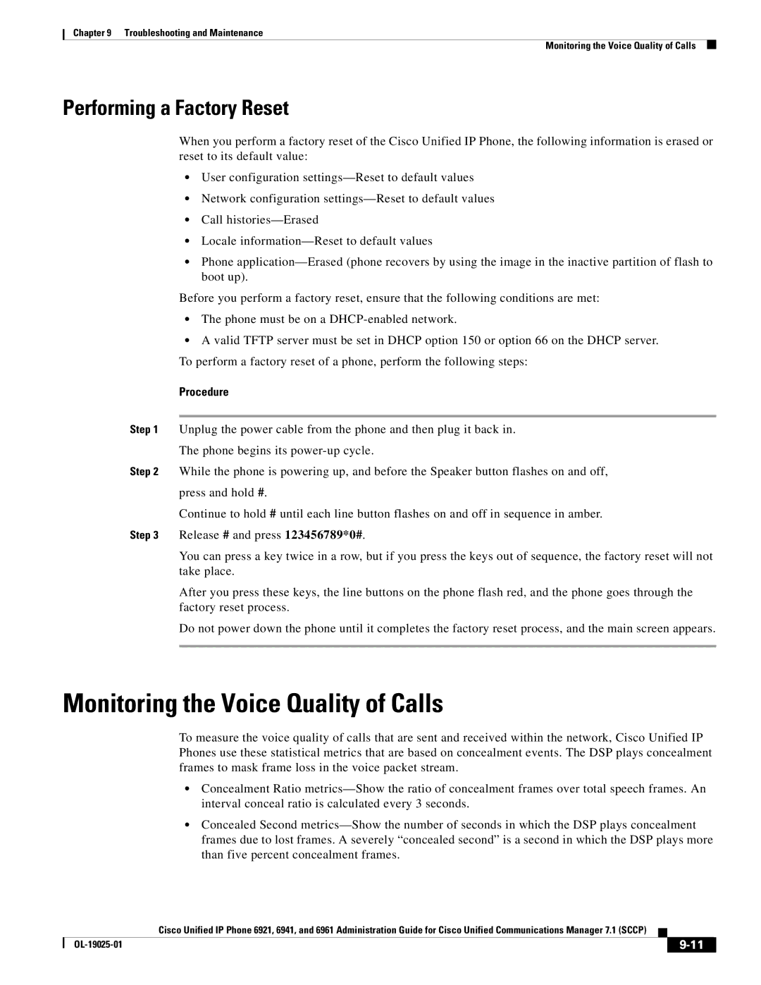 Cisco Systems OL-19025-01 manual Monitoring the Voice Quality of Calls, Performing a Factory Reset 