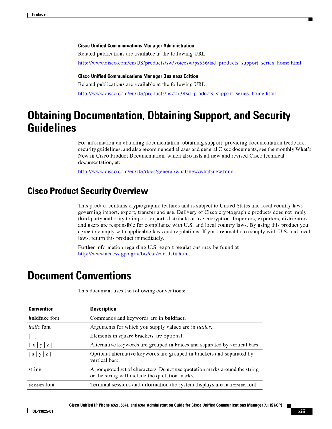 Cisco Systems OL-19025-01 Document Conventions, Cisco Product Security Overview, Convention Description, Boldface font 