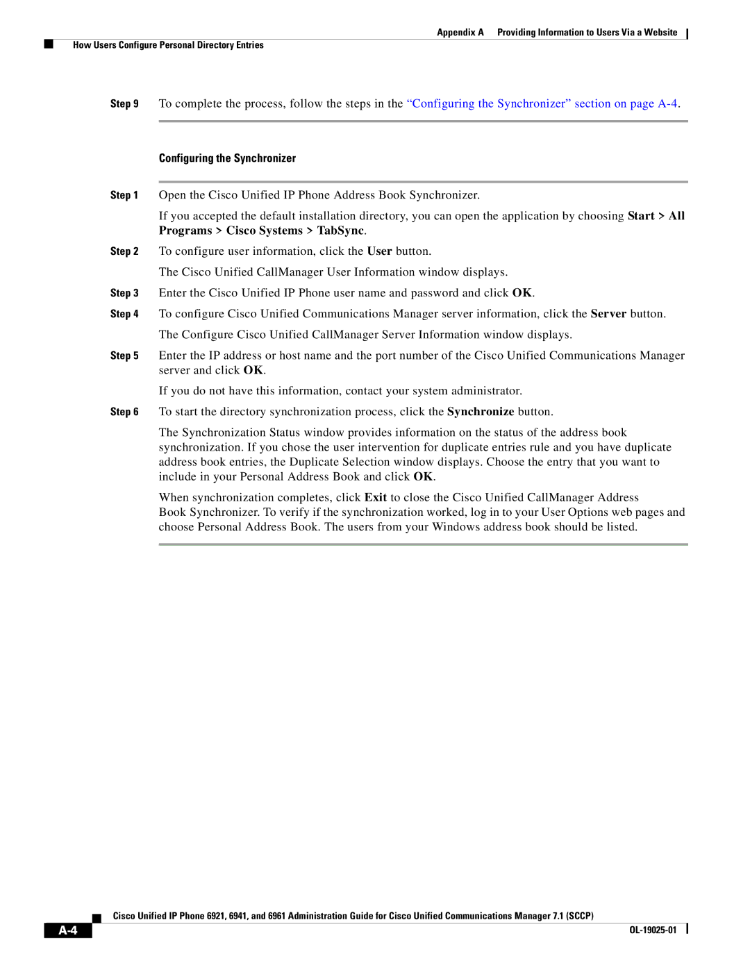 Cisco Systems OL-19025-01 manual Configuring the Synchronizer 