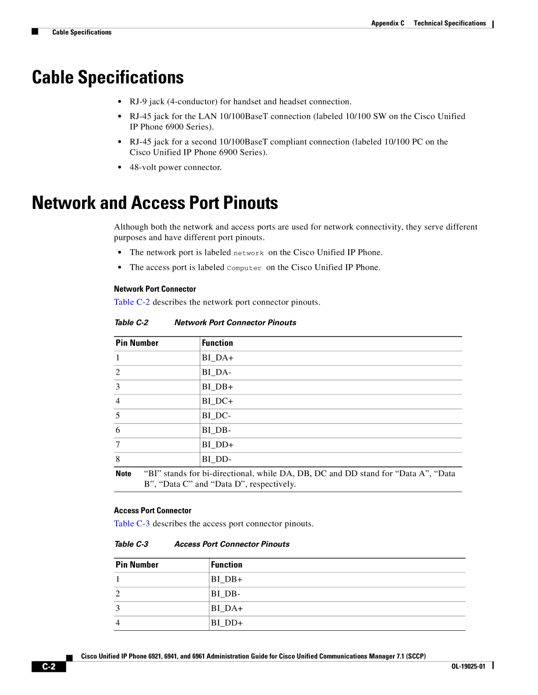 Cisco Systems OL-19025-01 manual Cable Specifications, Network and Access Port Pinouts, Network Port Connector 