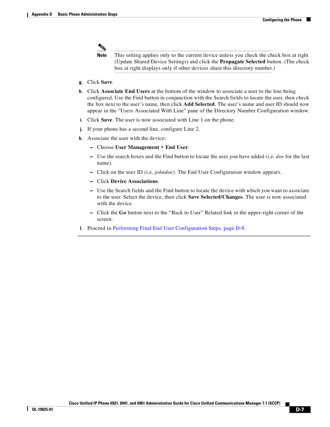 Cisco Systems OL-19025-01 manual Choose User Management End User, Click Device Associations 