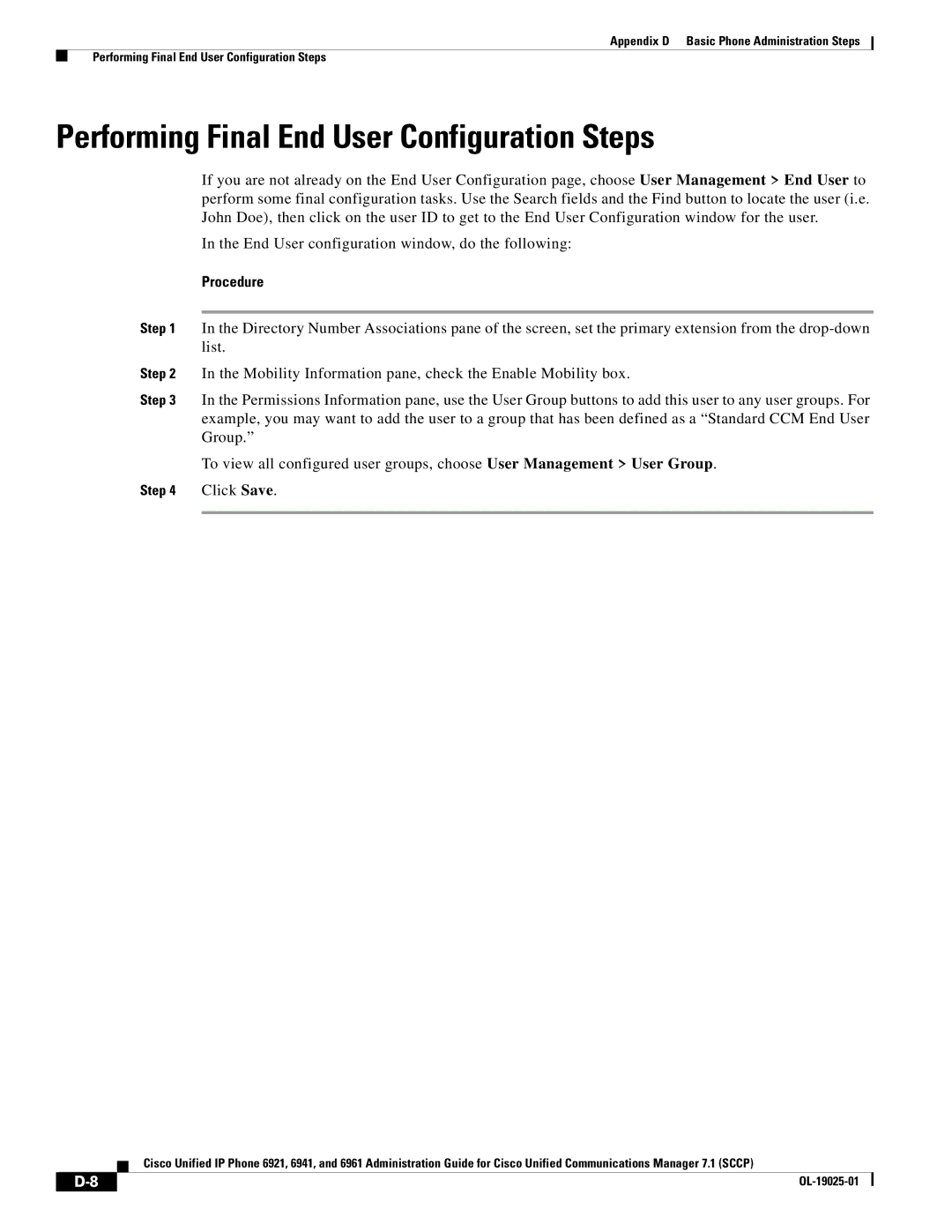 Cisco Systems OL-19025-01 manual Performing Final End User Configuration Steps, Procedure 