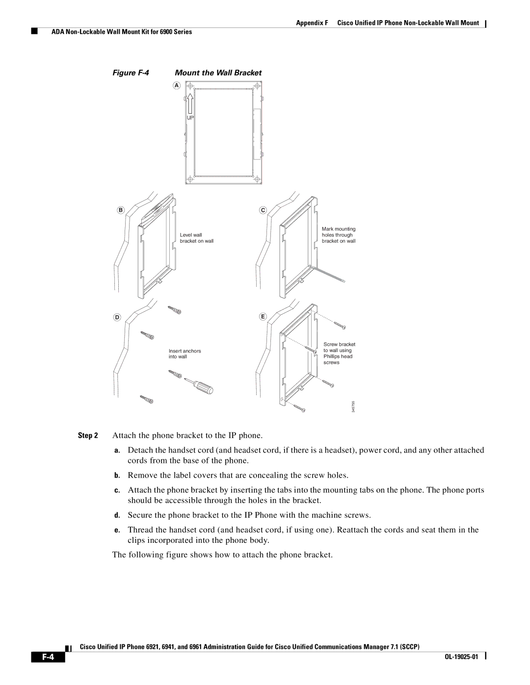 Cisco Systems OL-19025-01 manual Figure F-4 Mount the Wall Bracket 