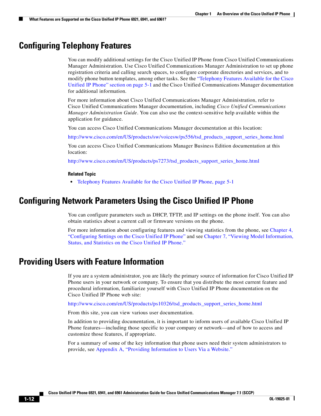 Cisco Systems OL-19025-01 manual Configuring Telephony Features, Providing Users with Feature Information, Related Topic 