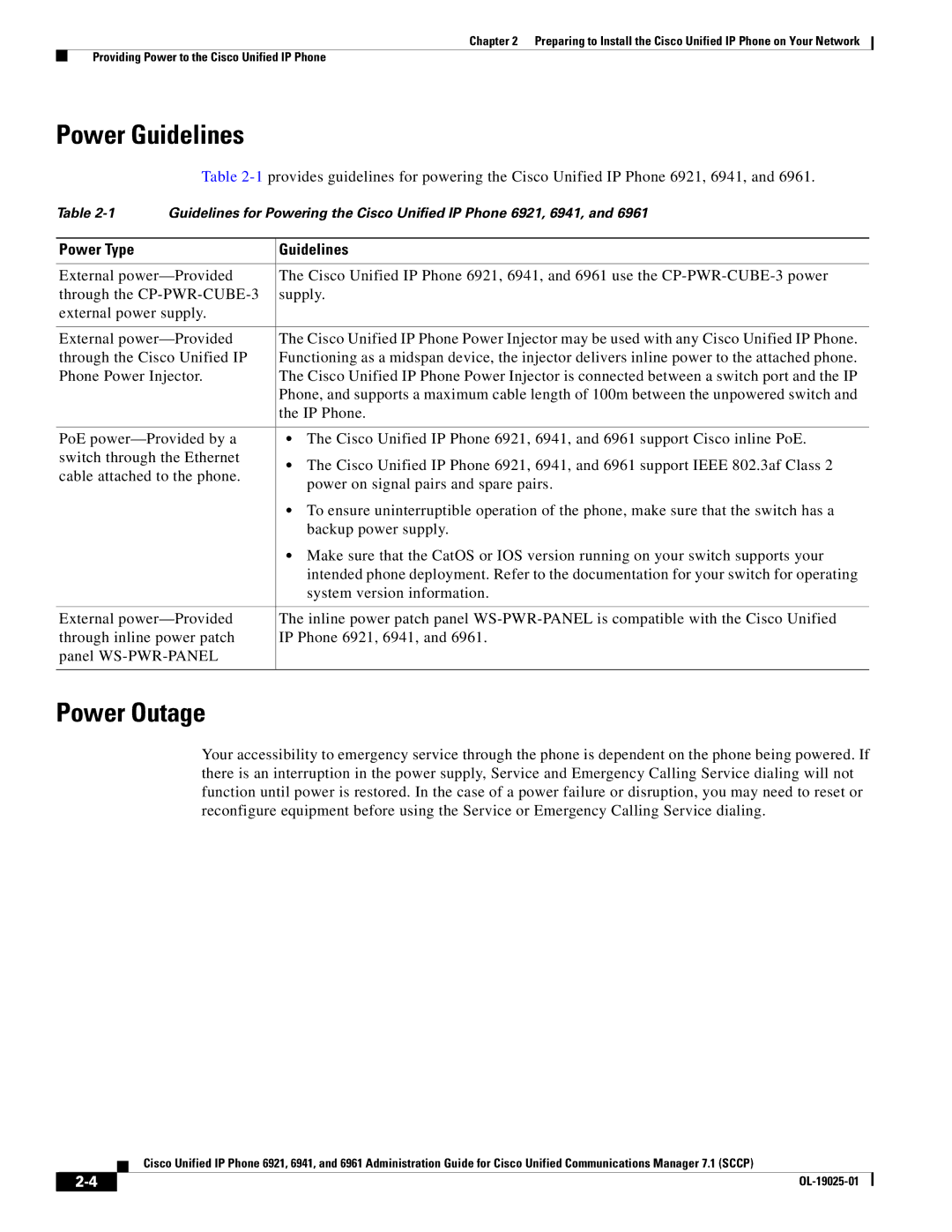 Cisco Systems OL-19025-01 manual Power Guidelines, Power Outage, Power Type Guidelines 