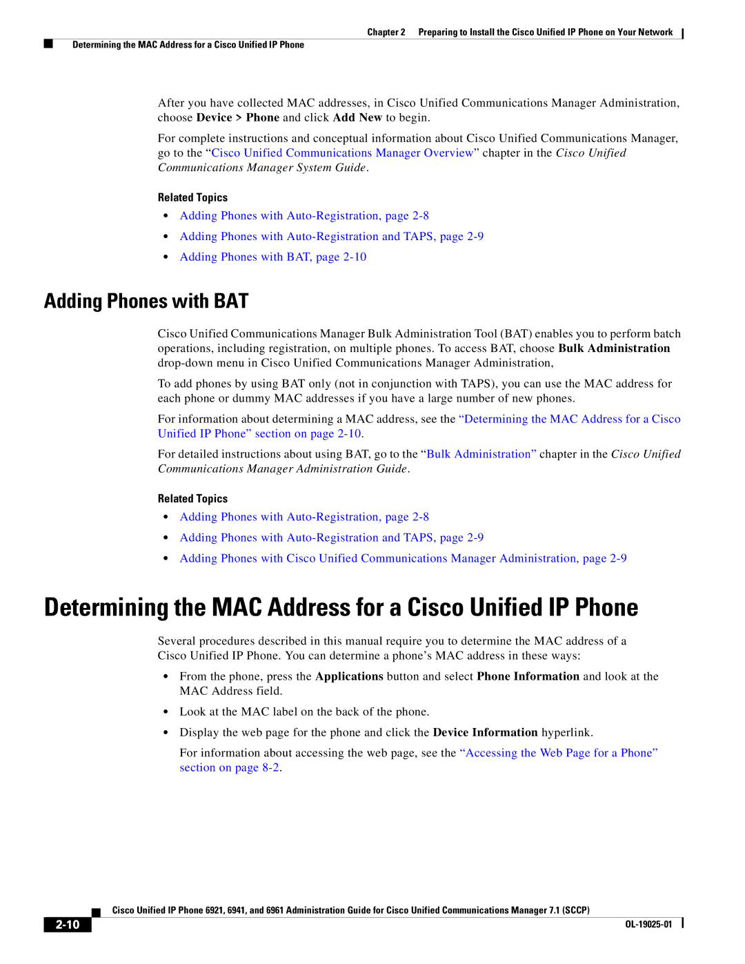 Cisco Systems OL-19025-01 manual Determining the MAC Address for a Cisco Unified IP Phone, Adding Phones with BAT 