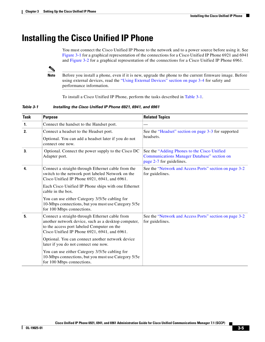 Cisco Systems OL-19025-01 manual Installing the Cisco Unified IP Phone, See the Headset section on page 3-3for supported 