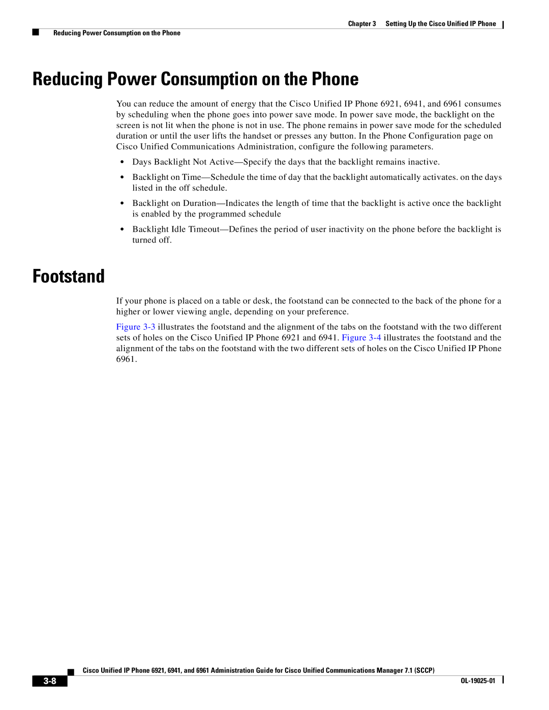 Cisco Systems OL-19025-01 manual Reducing Power Consumption on the Phone, Footstand 