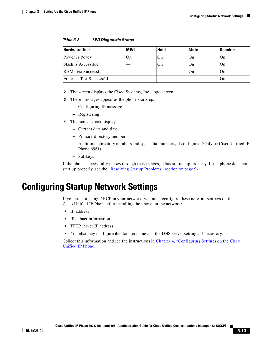 Cisco Systems OL-19025-01 manual Configuring Startup Network Settings, Hold Mute Speaker 