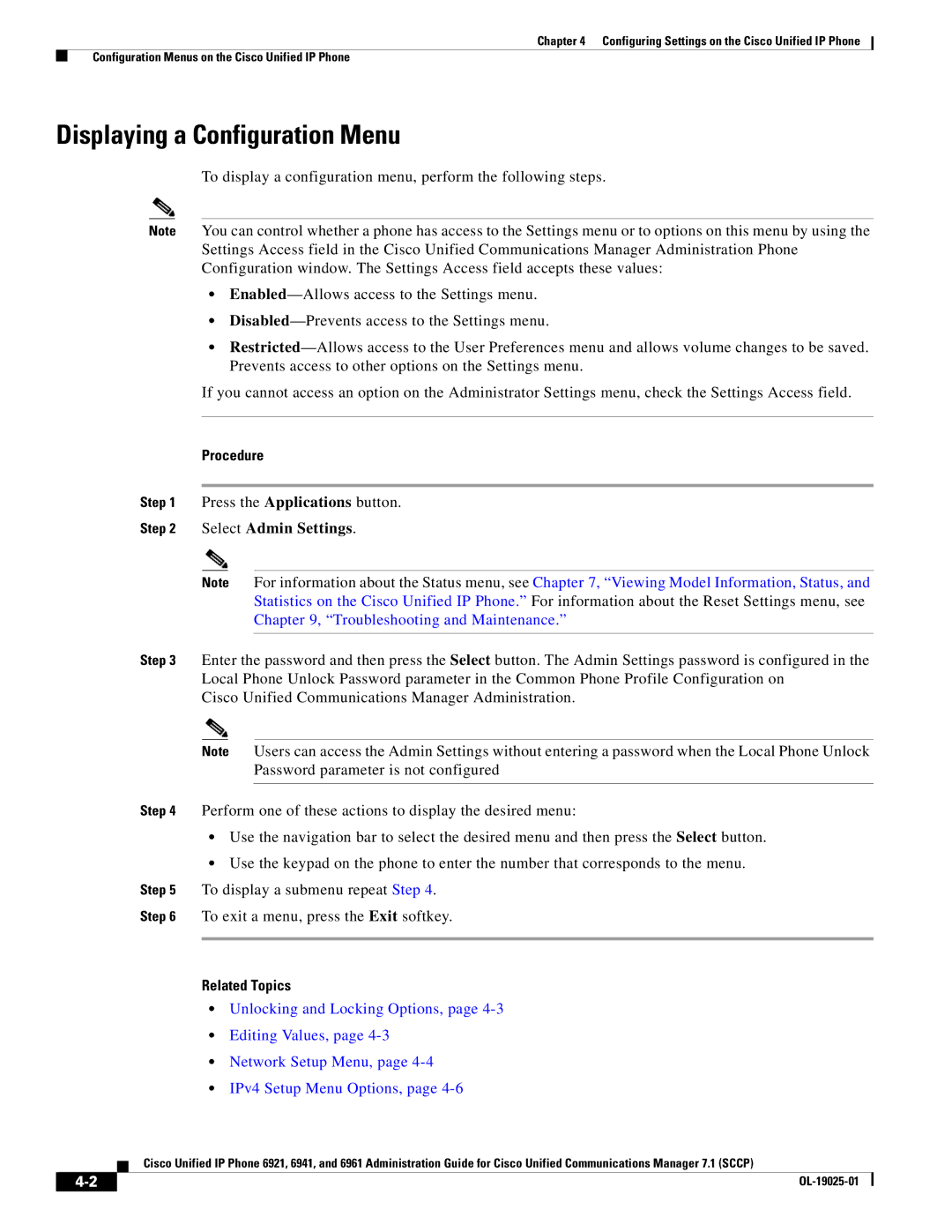 Cisco Systems OL-19025-01 manual Displaying a Configuration Menu, Procedure, Select Admin Settings 