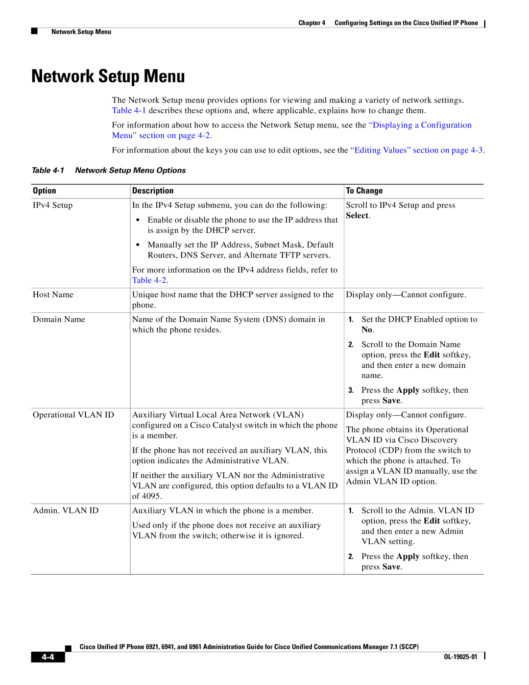 Cisco Systems OL-19025-01 manual Network Setup Menu, Option Description To Change, Select 