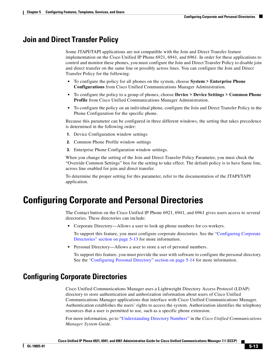 Cisco Systems OL-19025-01 manual Configuring Corporate and Personal Directories, Join and Direct Transfer Policy 